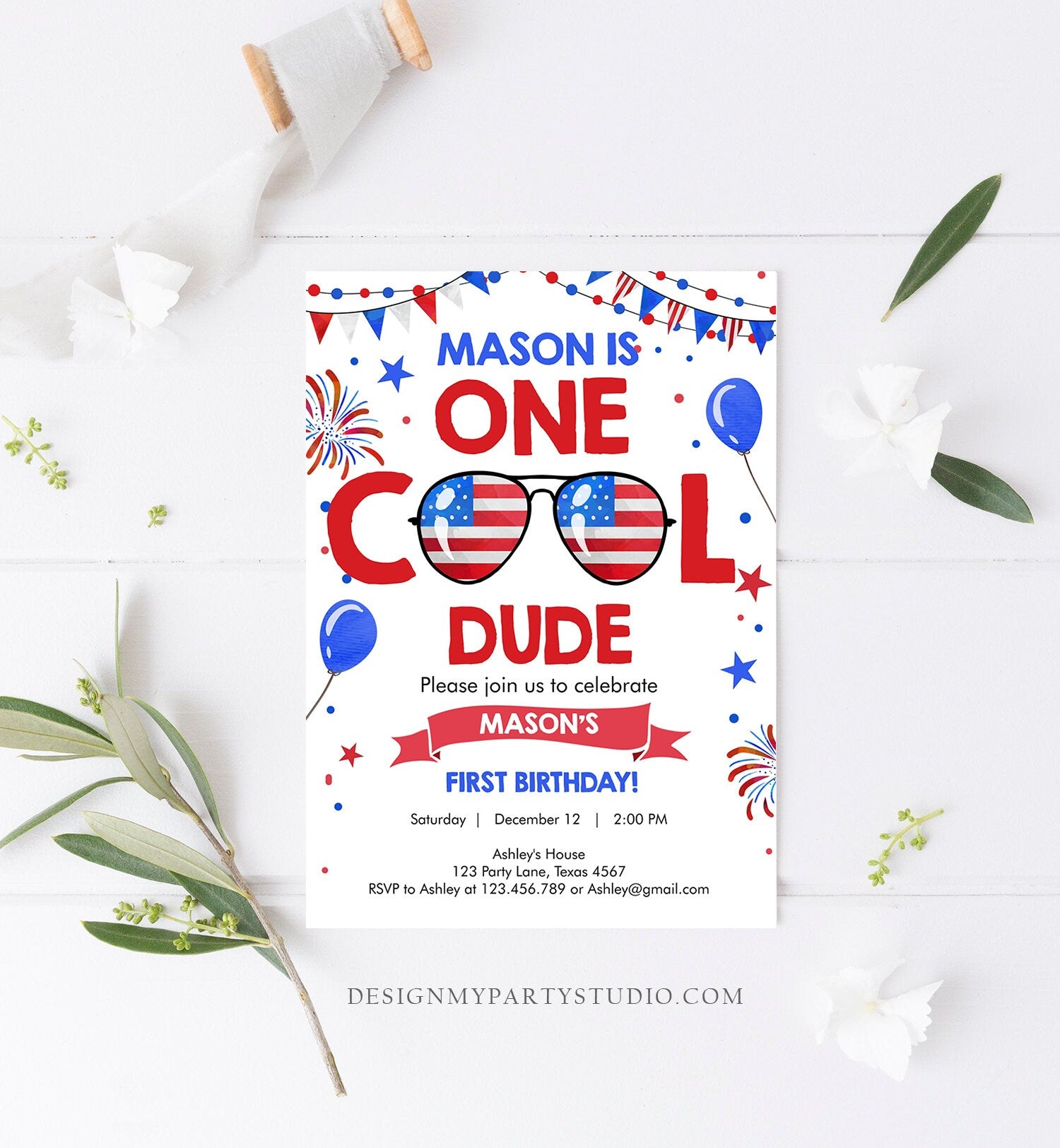 Editable Memorial Day Birthday Invitation 4th of July Little Firecracker Red White Blue One Cool Dude Sunglasses Template Corjl Digital 0122