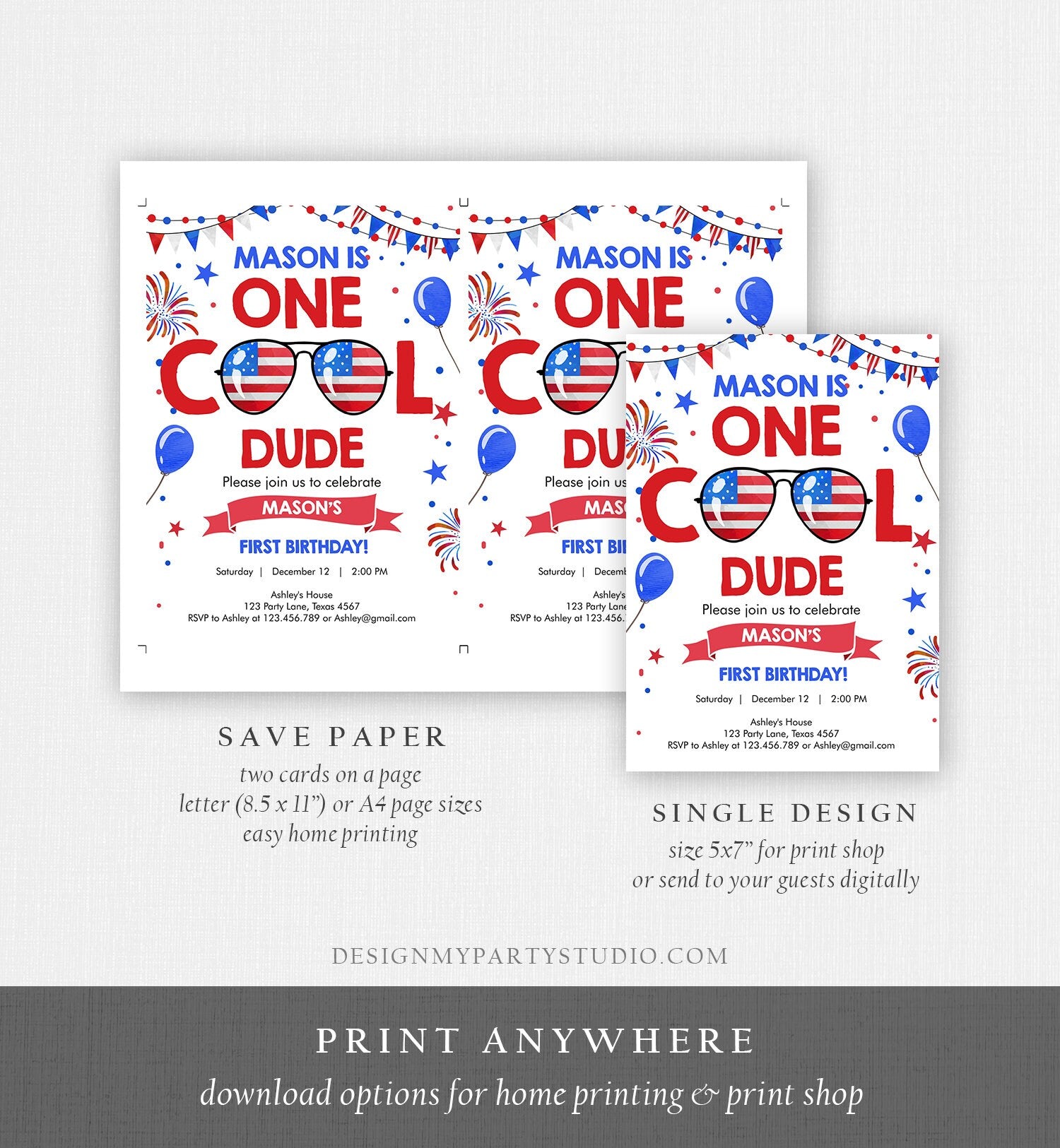 Editable Memorial Day Birthday Invitation 4th of July Little Firecracker Red White Blue One Cool Dude Sunglasses Template Corjl Digital 0122