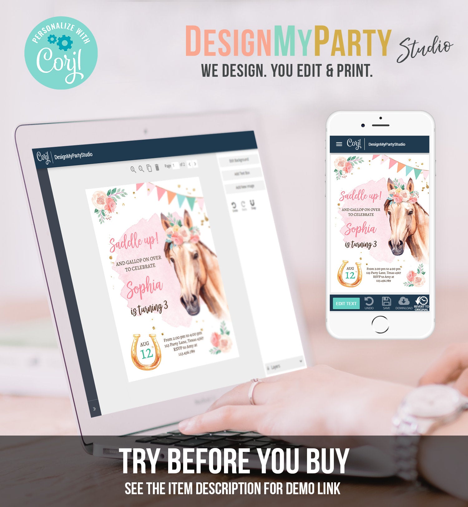 Editable Horse Birthday Invitation Girl Saddle Up Watercolor Cowgirl Party Horse Pony Pink Digital Download Evite Template Printable 0398