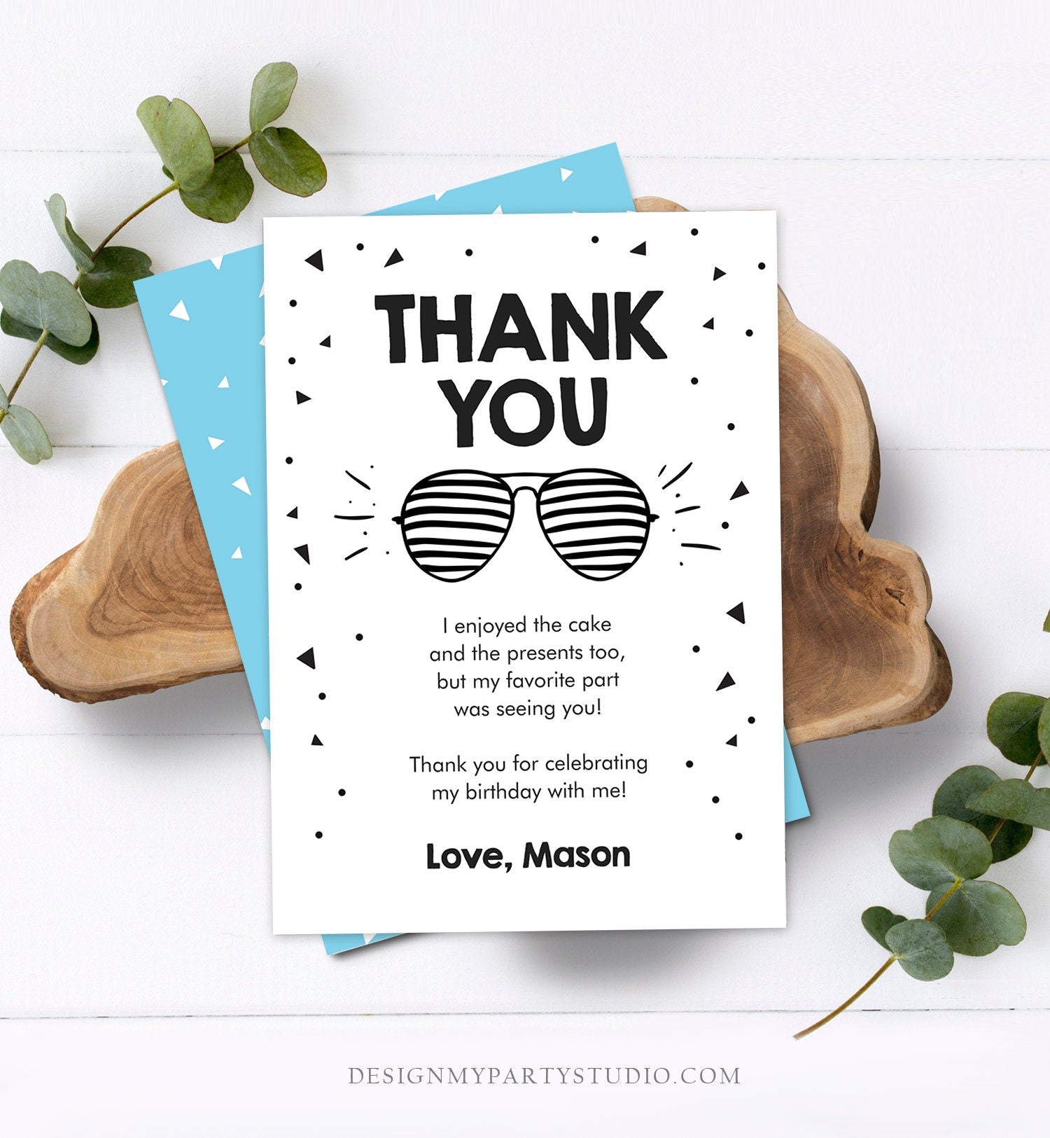 Editable Thank You Card Two Cool Birthday Boy Sunglasses Palm Second Birthday Party Note 2nd White Download Corjl Template Printable 0136