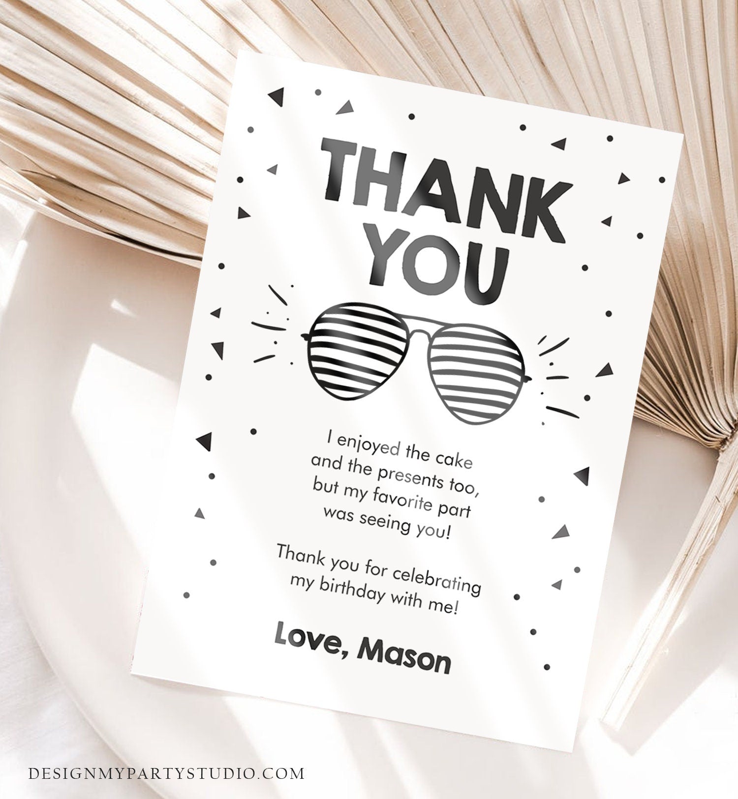 Editable Thank You Card Two Cool Birthday Boy Sunglasses Palm Second Birthday Party Note 2nd White Download Corjl Template Printable 0136