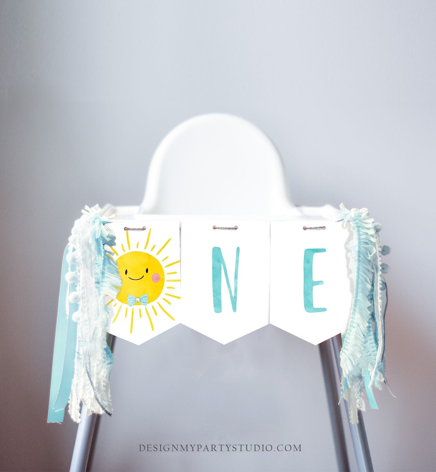 Sunshine High Chair Banner Little Sunshine Boy 1st First Birthday Blue High Chair Banner ONE Sunshine Party Decor Printable Digital 0141