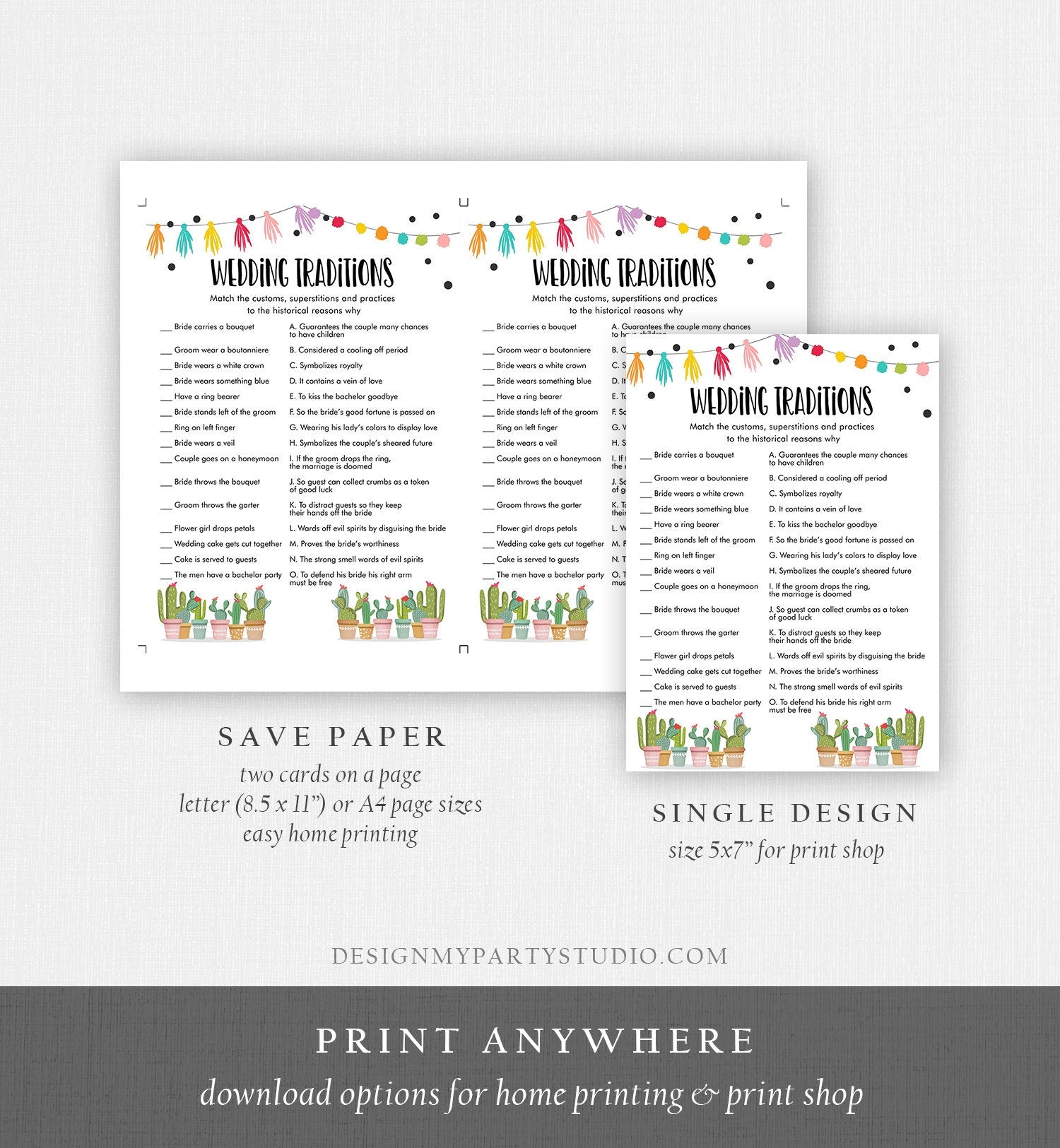 Editable Wedding Traditions Bridal Shower Game Cactus Fiesta Guessing Game Wedding Shower Activity Mexican Corjl Template Printable 0254