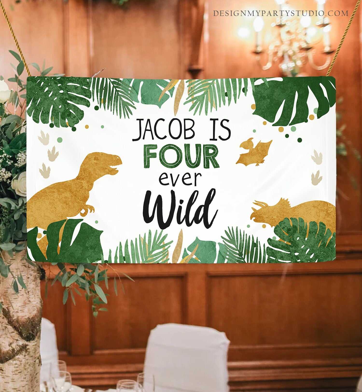 Editable Dinosaur Birthday Backdrop Banner Boy Gold Four Ever Wild Birthday 4th Birthday Welcome Sign Download Corjl Template Printable 0146