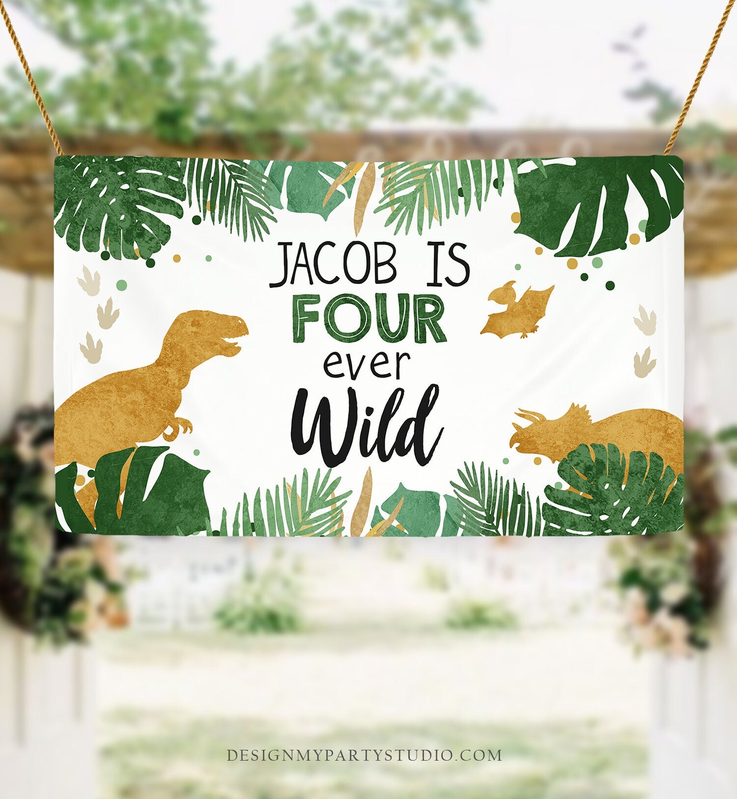 Editable Dinosaur Birthday Backdrop Banner Boy Gold Four Ever Wild Birthday 4th Birthday Welcome Sign Download Corjl Template Printable 0146