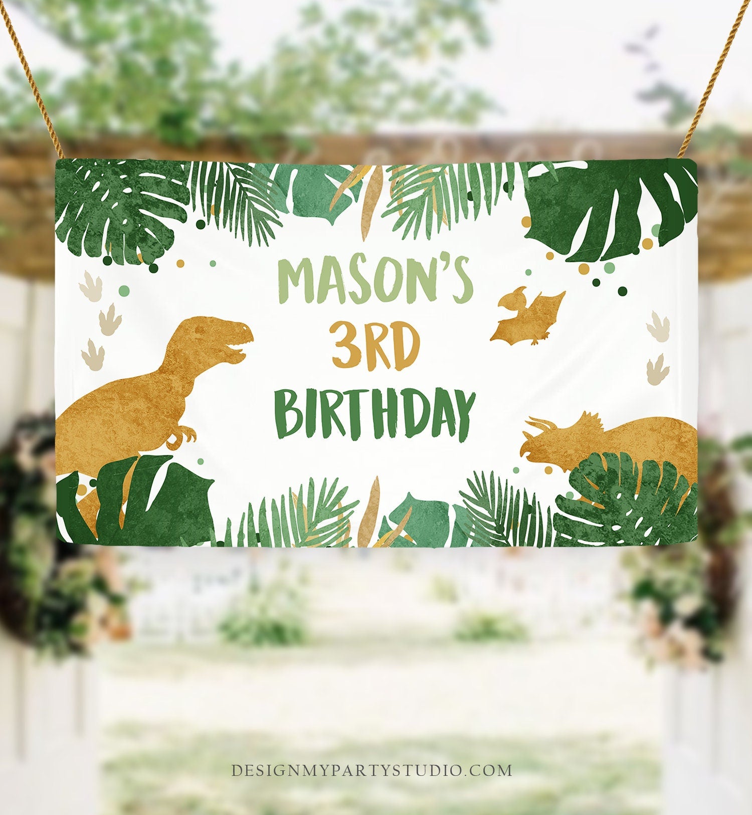 Editable Dinosaur Birthday Backdrop Banner Boy Gold Prehistoric Birthday Dino Party Welcome Sign Download Corjl Template Printable 0146