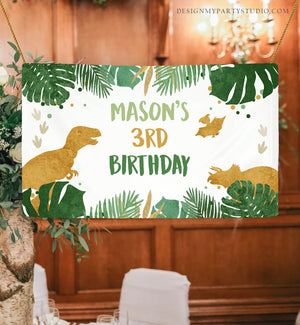 Editable Dinosaur Birthday Backdrop Banner Boy Gold Prehistoric Birthday Dino Party Welcome Sign Download Corjl Template Printable 0146