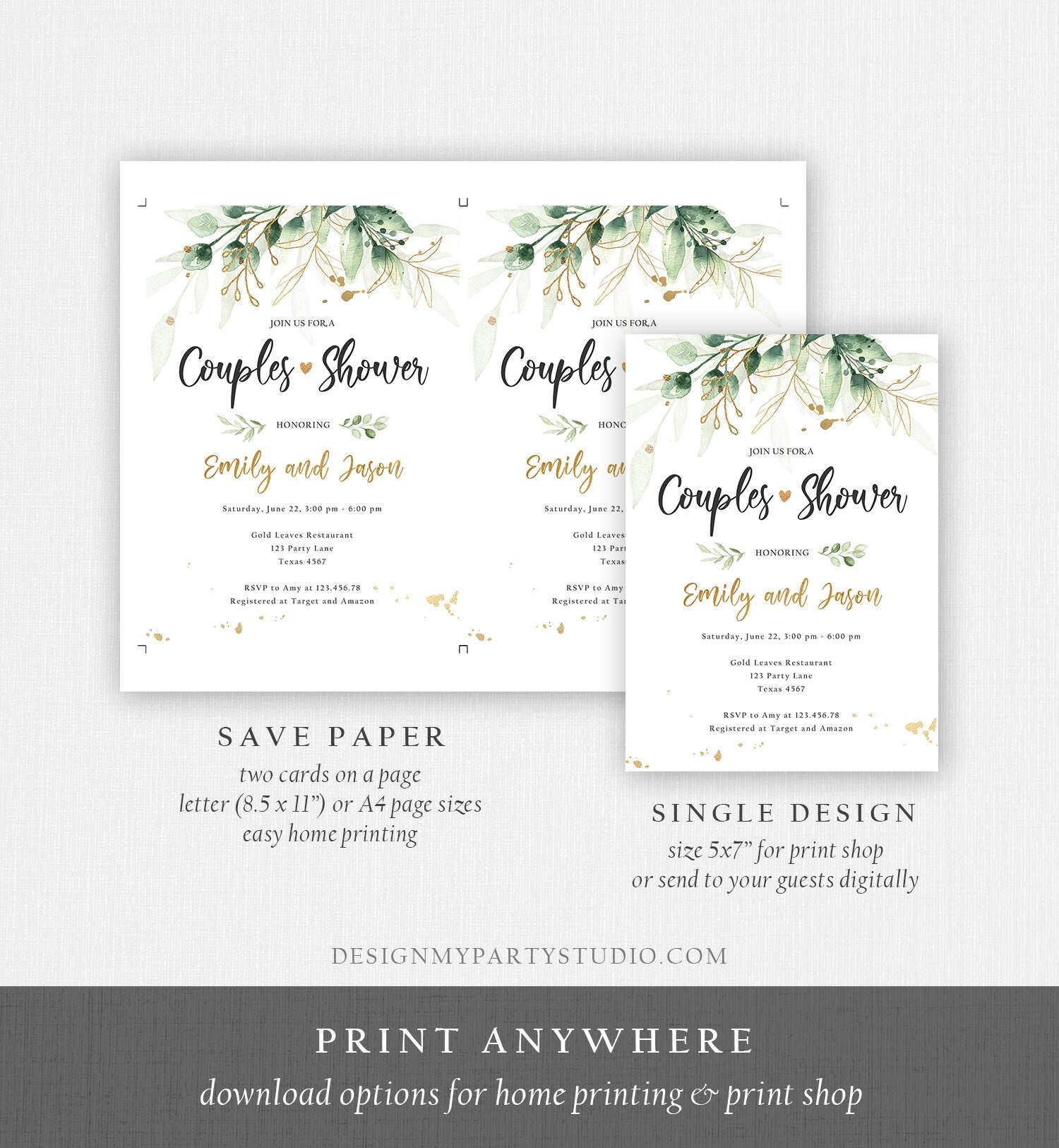 Editable Gold Leaves Couples Shower Invitation Gold Leaves Floral Greenery Bridal Coed Wedding Digital Download Template Printable 0168