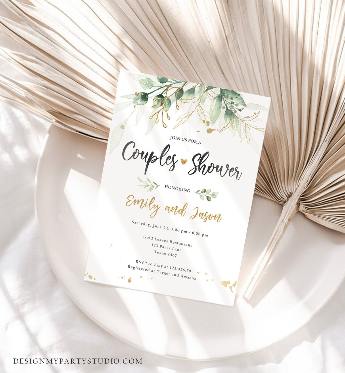 Editable Gold Leaves Couples Shower Invitation Gold Leaves Floral Greenery Bridal Coed Wedding Digital Download Template Printable 0168