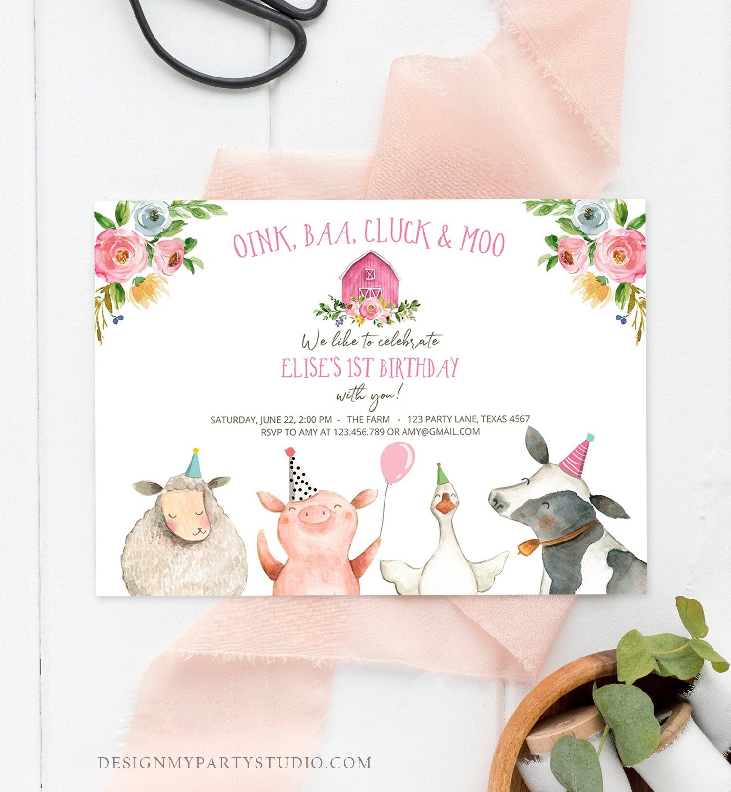 Editable Farm Animals Birthday Invitation Girl Farm Pink Floral Barn Barnyard Party Animals Digital Download Corjl Template Printable 0155