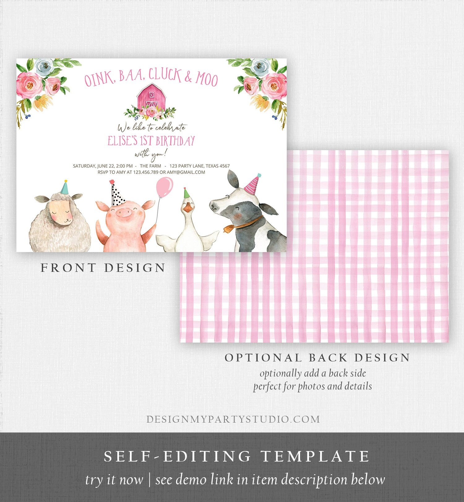 Editable Farm Animals Birthday Invitation Girl Farm Pink Floral Barn Barnyard Party Animals Digital Download Corjl Template Printable 0155