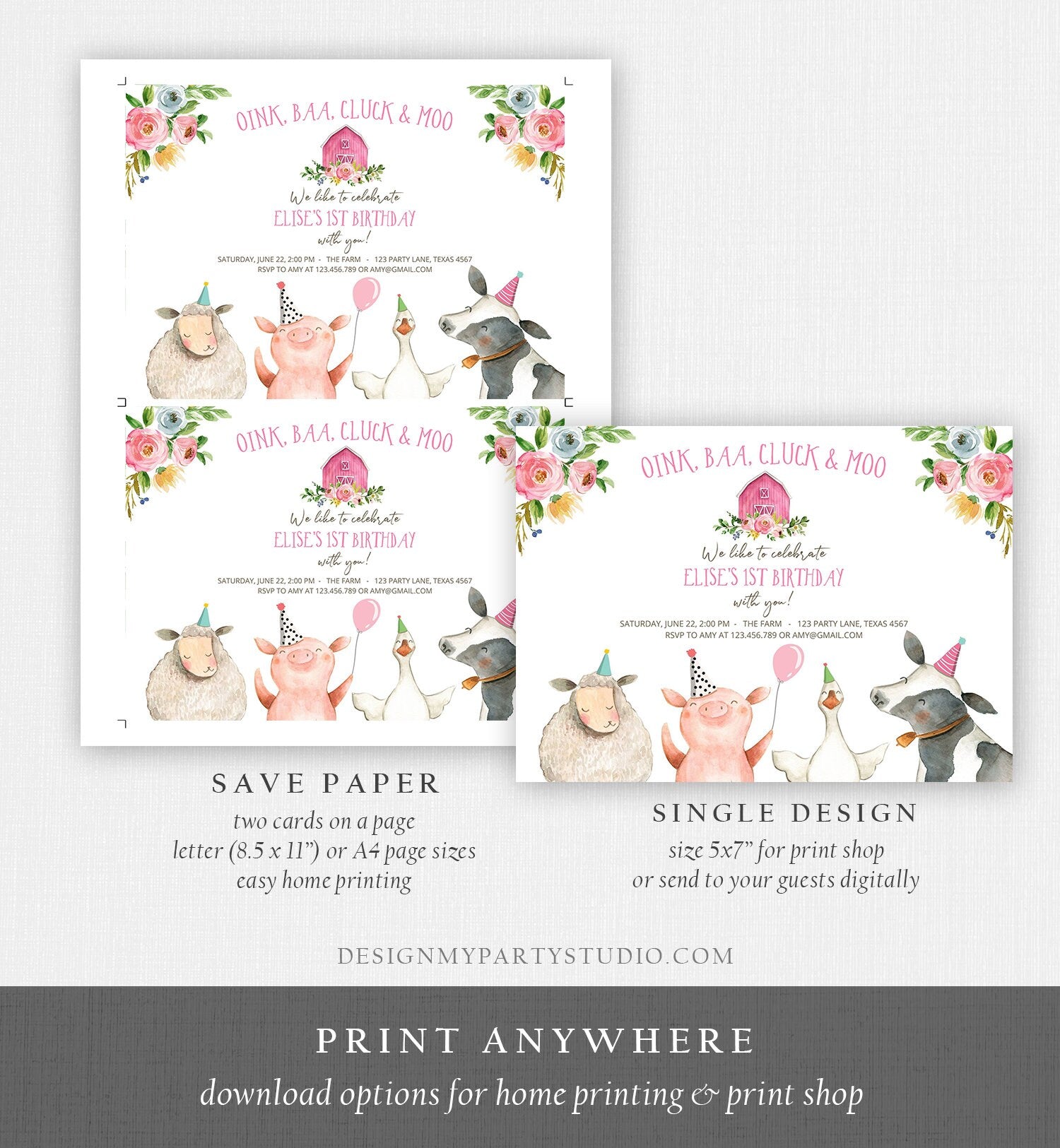 Editable Farm Animals Birthday Invitation Girl Farm Pink Floral Barn Barnyard Party Animals Digital Download Corjl Template Printable 0155