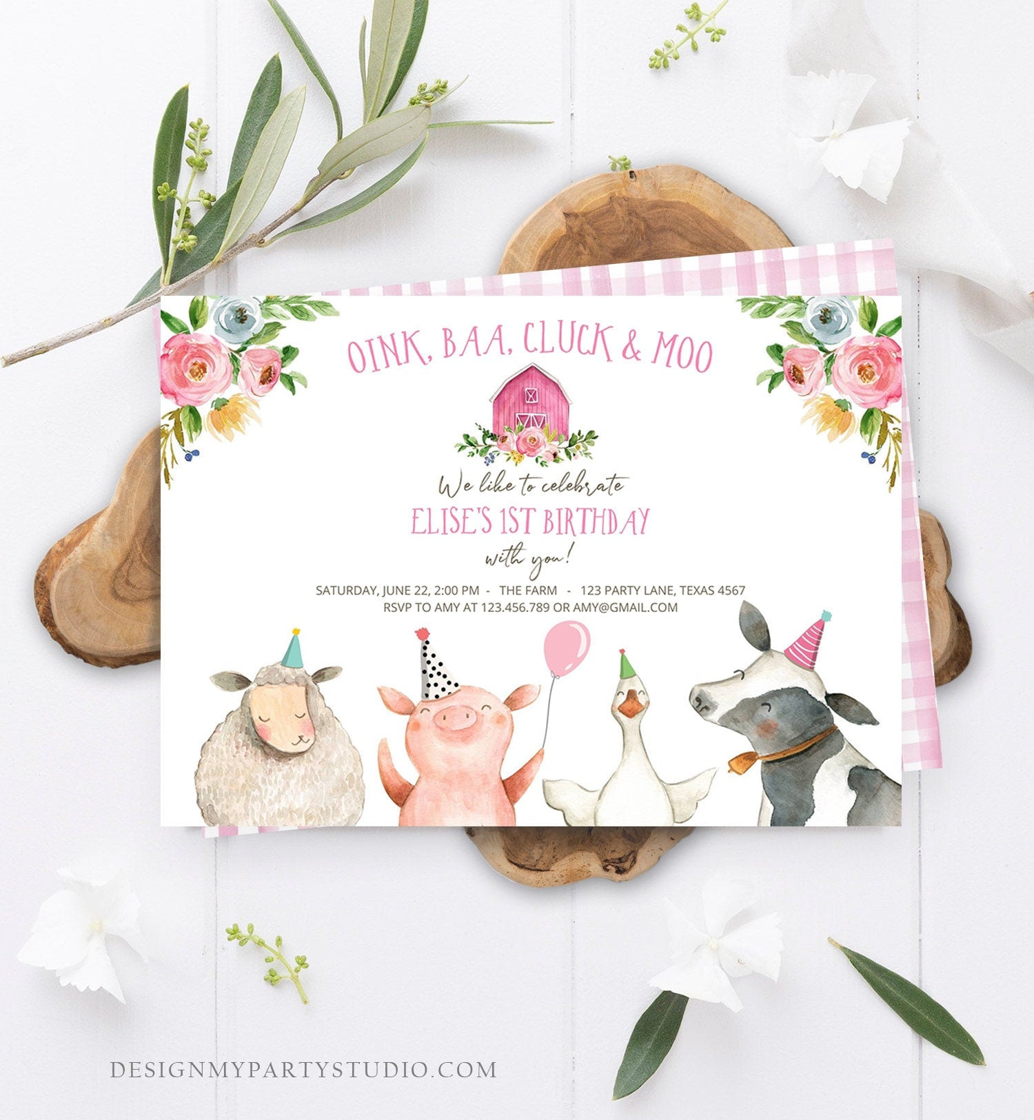 Editable Farm Animals Birthday Invitation Girl Farm Pink Floral Barn Barnyard Party Animals Digital Download Corjl Template Printable 0155