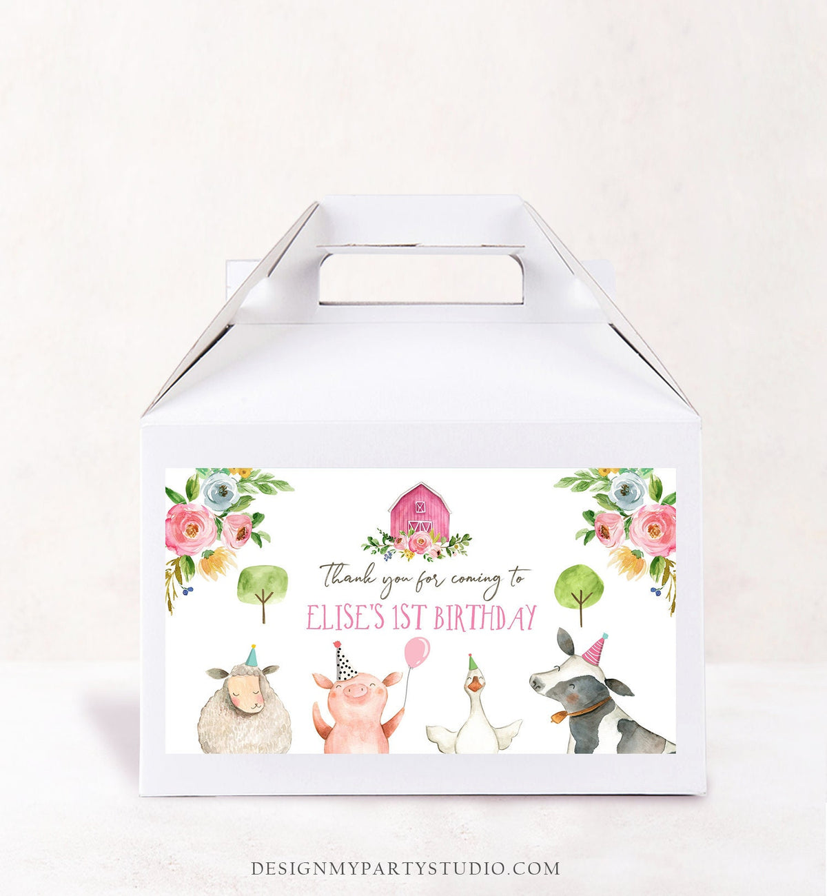 Farm Animals Gable Gift Box Label Pink Farm Birthday Girl Treat Box Label Floral Barnyard Party Farm Digital Download Printable Corjl 0155