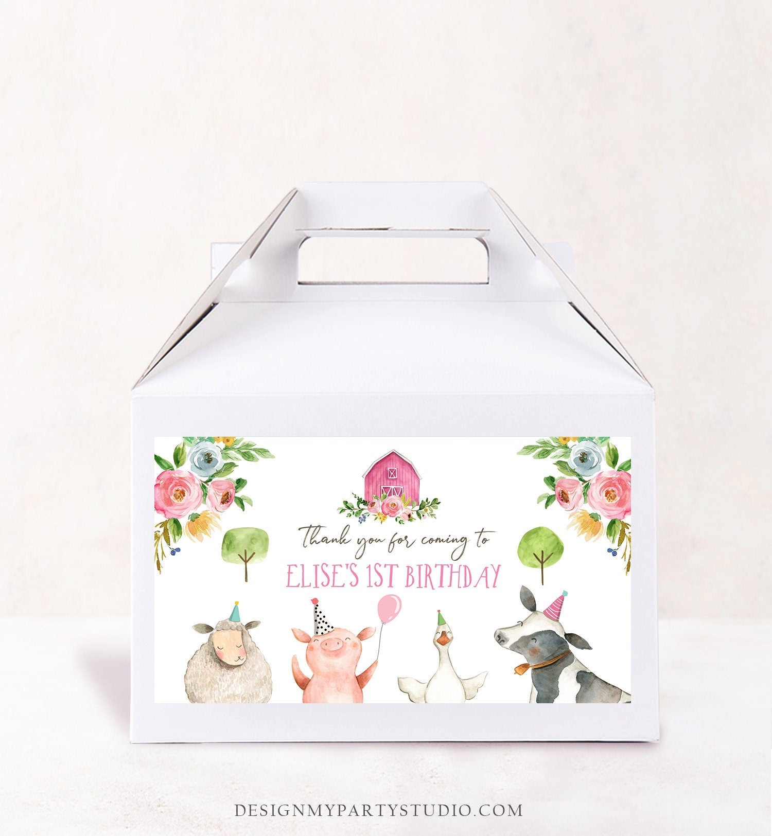 Farm Animals Gable Gift Box Label Pink Farm Birthday Girl Treat Box Label Floral Barnyard Party Farm Digital Download Printable Corjl 0155