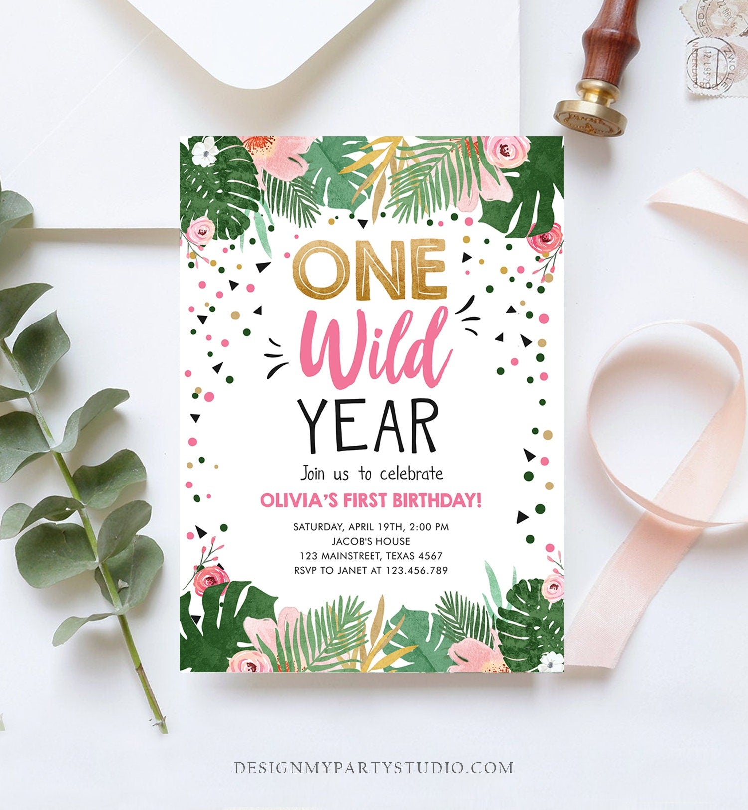 Editable One Wild Year Birthday Invitation Girl Tropical Safari Pink Jungle Wild One Wild Child Gold Download Corjl Template Printable 0332