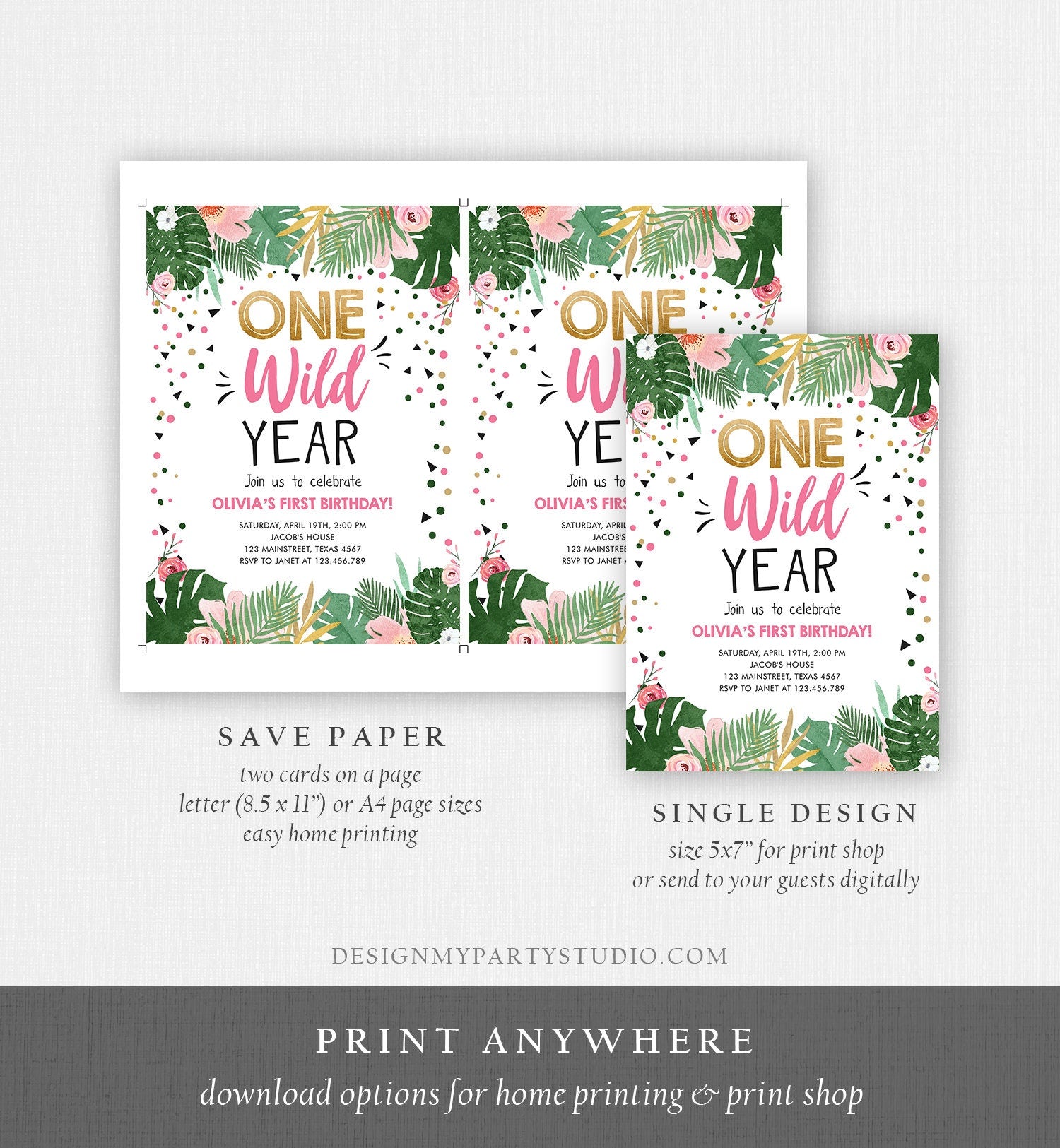 Editable One Wild Year Birthday Invitation Girl Tropical Safari Pink Jungle Wild One Wild Child Gold Download Corjl Template Printable 0332