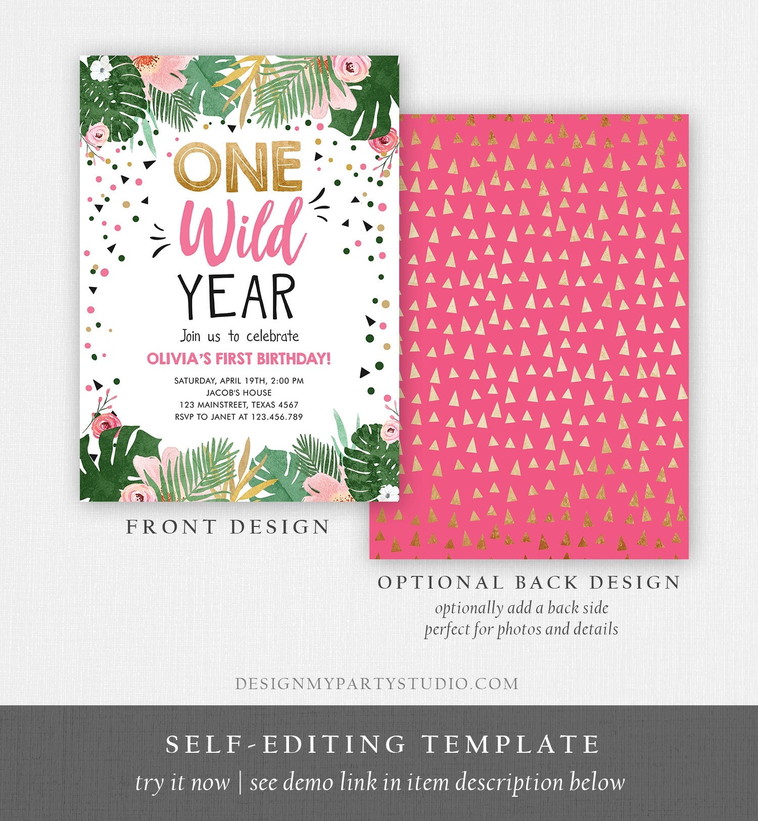 Editable One Wild Year Birthday Invitation Girl Tropical Safari Pink Jungle Wild One Wild Child Gold Download Corjl Template Printable 0332