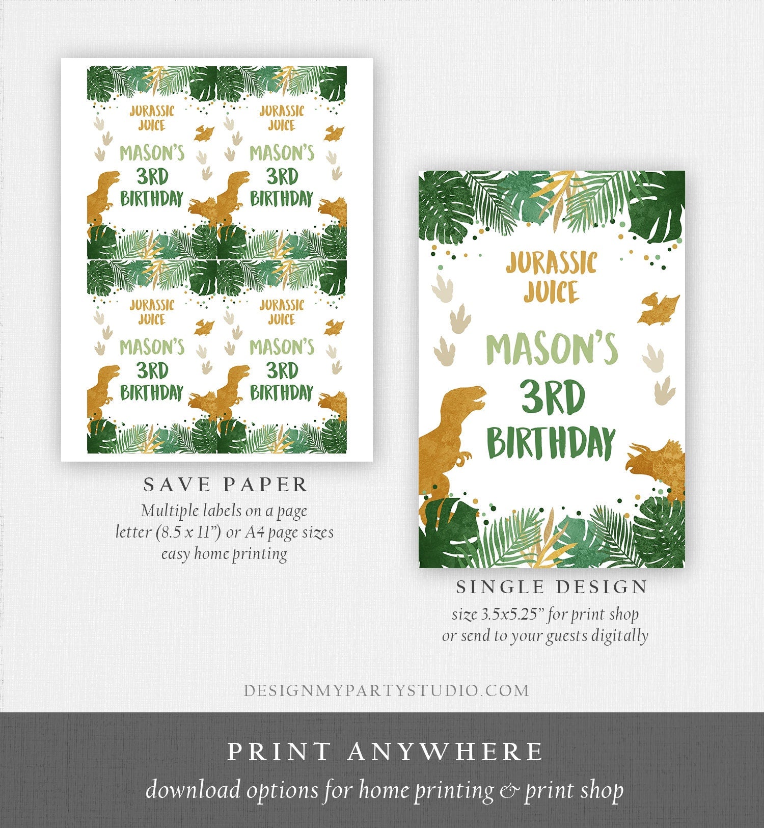 Editable Dinosaur Juice Pouch Label Juice Favors Dino Boy Birthday T-Rex Green Gold Prehistoric Digital Download Template Printable 0146