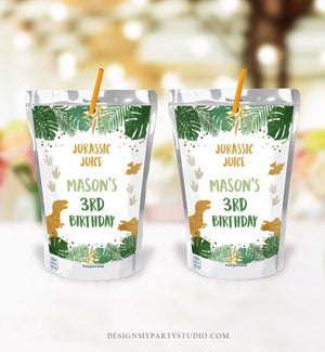 Editable Dinosaur Capri Sun Labels Juice Pouch Labels Dino Boy Birthday T-Rex Green Gold Prehistoric Download Corjl Template Printable 0146