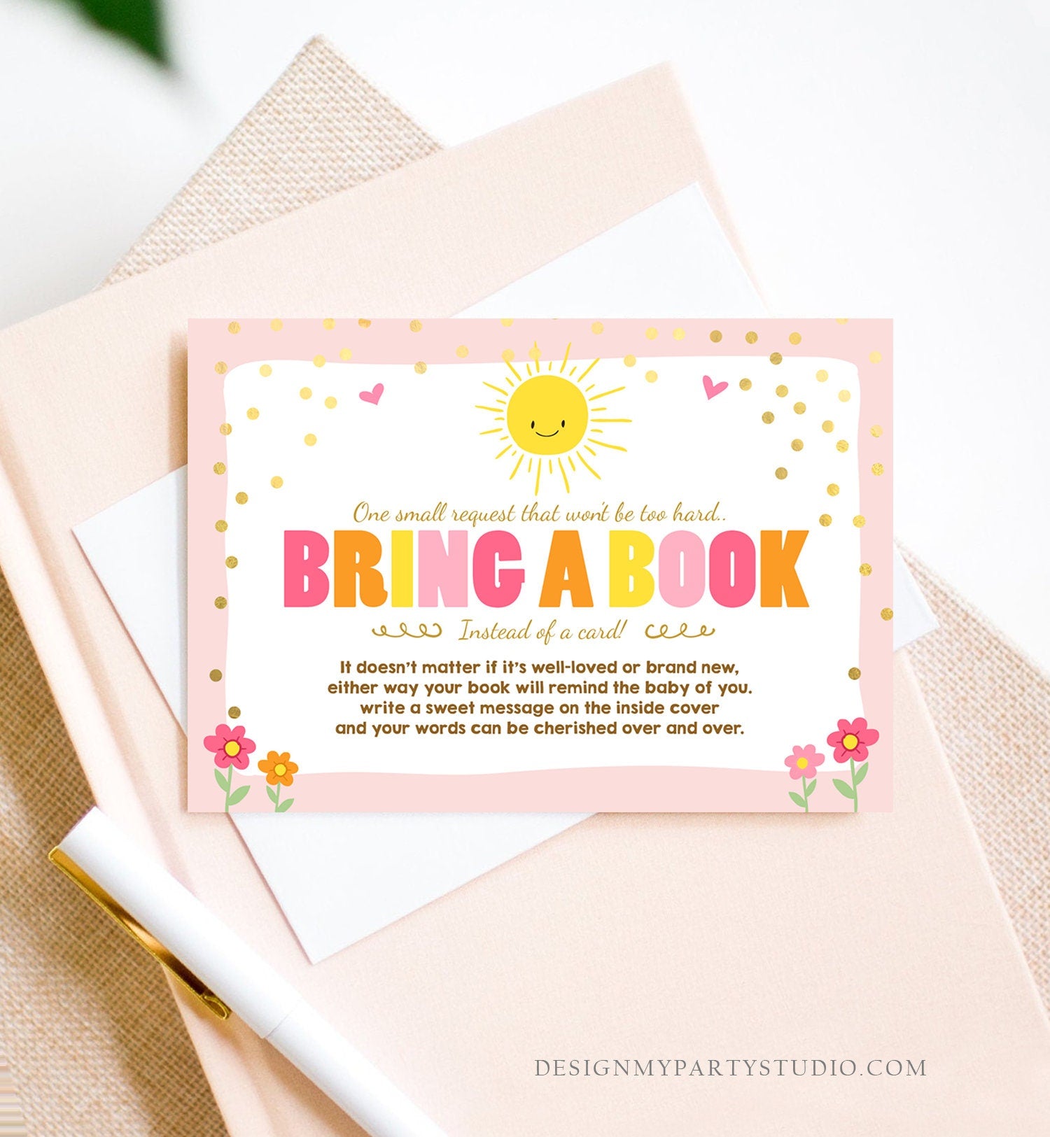 Editable Little Sunshine Bring a Book Card Baby Shower A Ray Of Sunshine Sunshine Book Request Download Corjl Template Printable 0070