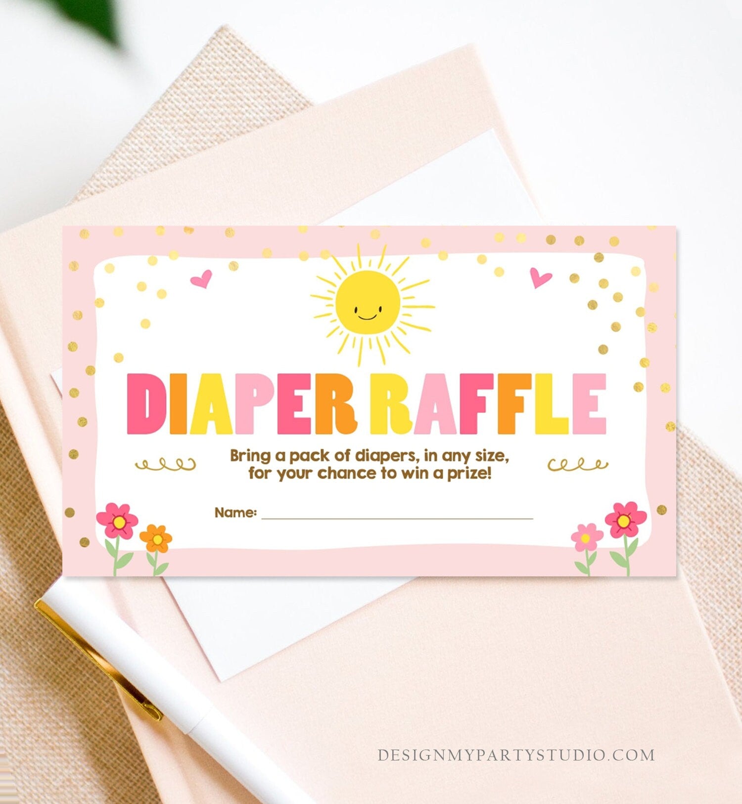 Editable Little Sunshine Diaper Raffle Ticket Ray of Sunshine Baby Shower Girl Pink Sunshine Ticket Download Corjl Template Printable 0070