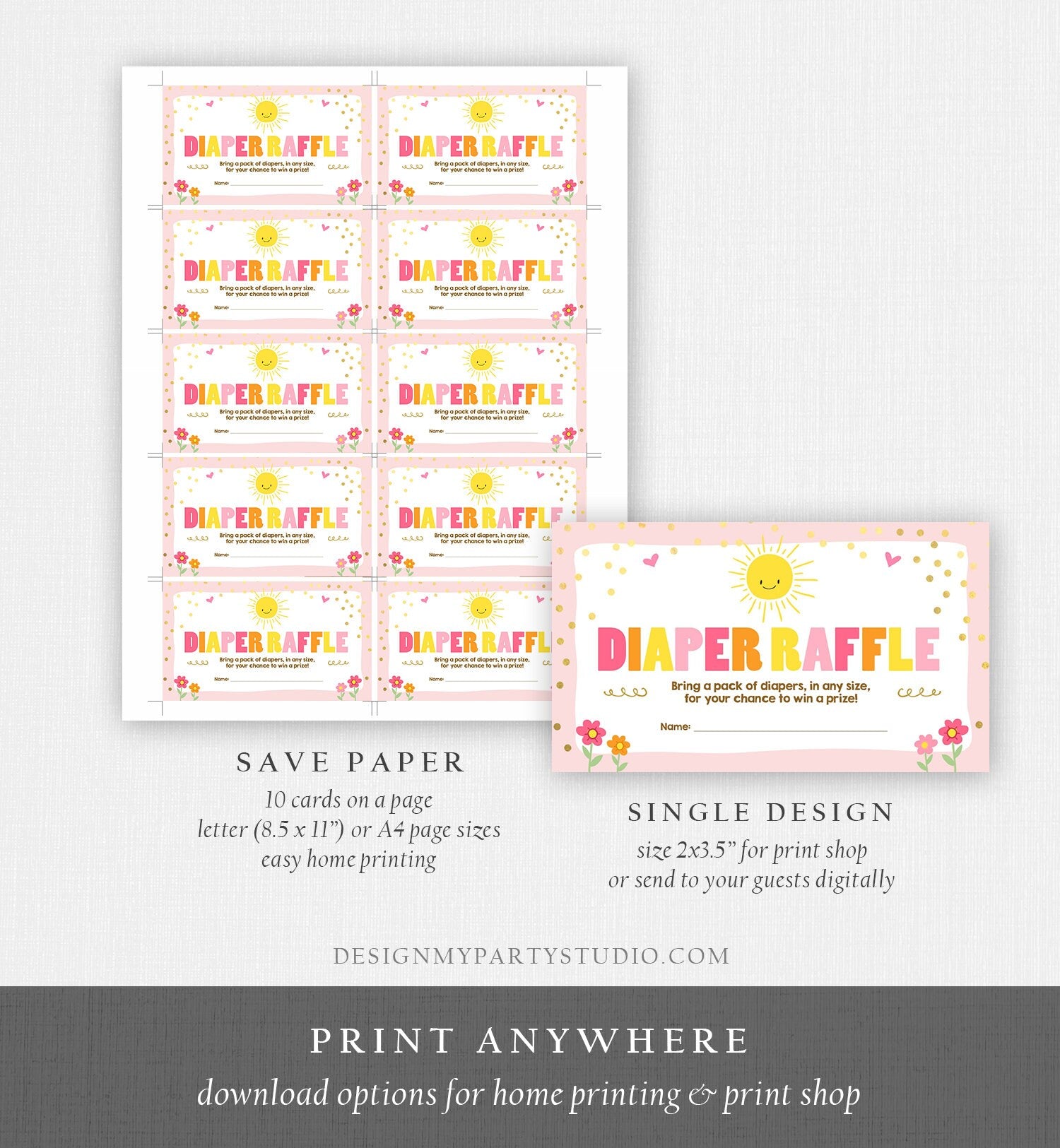 Editable Little Sunshine Diaper Raffle Ticket Ray of Sunshine Baby Shower Girl Pink Sunshine Ticket Download Corjl Template Printable 0070