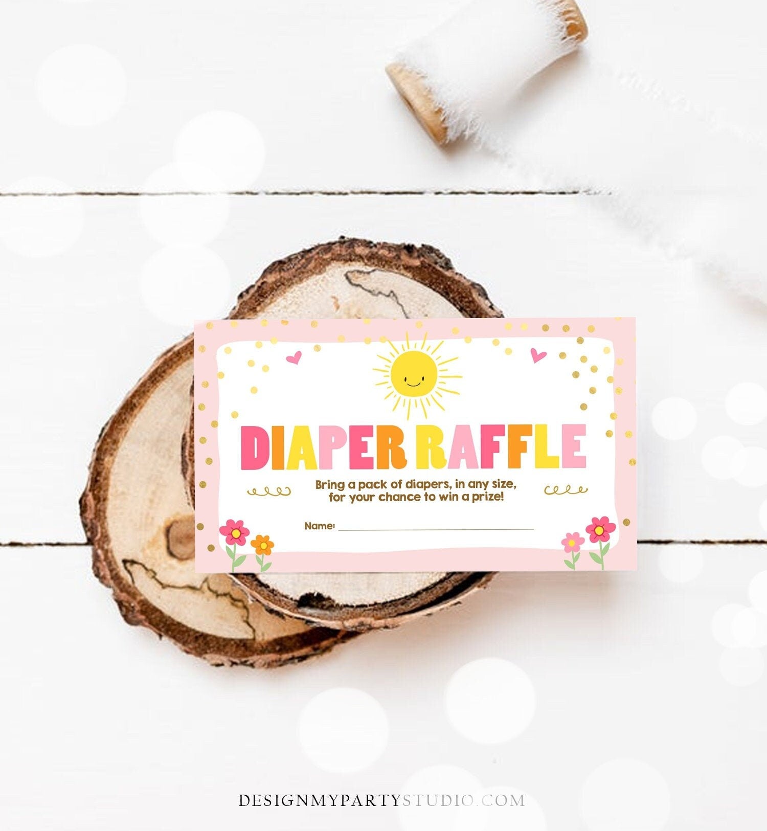 Editable Little Sunshine Diaper Raffle Ticket Ray of Sunshine Baby Shower Girl Pink Sunshine Ticket Download Corjl Template Printable 0070