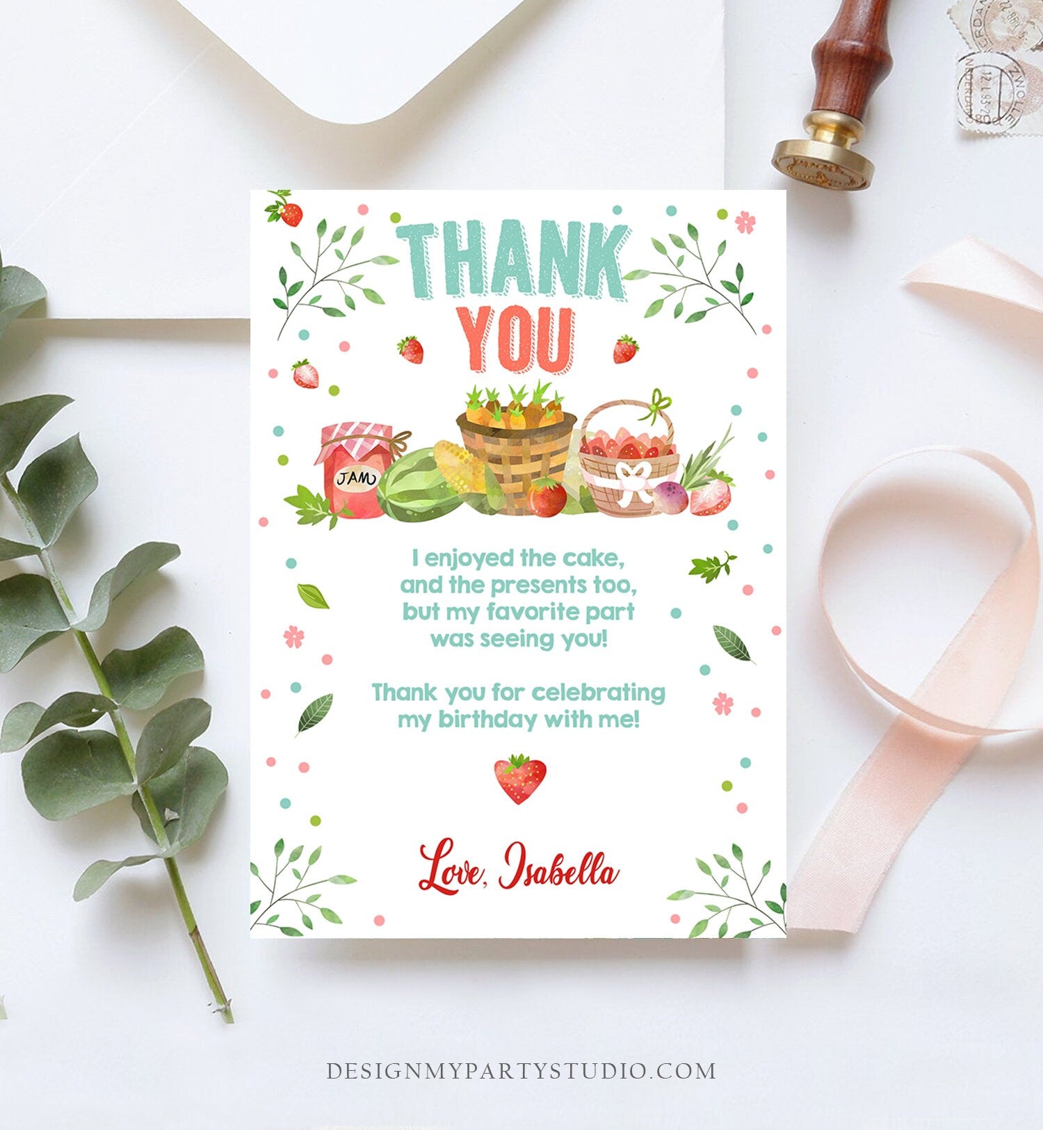 Editable Farmers Market Thank You Card Birthday Strawberry Home Grown Veggies Farm Fruits Market Download Printable Template Corjl 0144