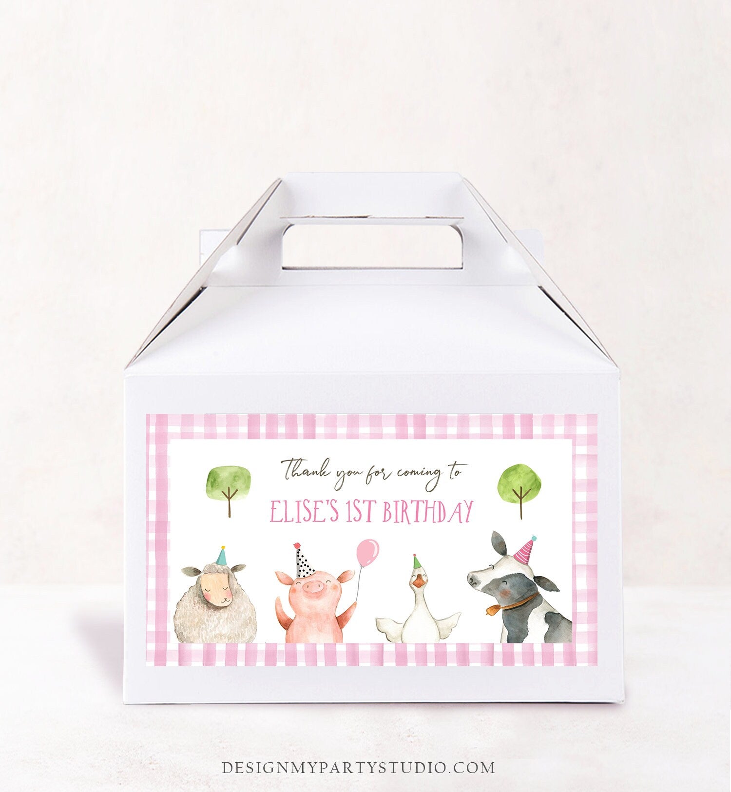 Farm Animals Gable Gift Box Label Pink Farm Birthday Girl Treat Box Label Pink Barnyard Party Farm Digital Download Printable Corjl 0155