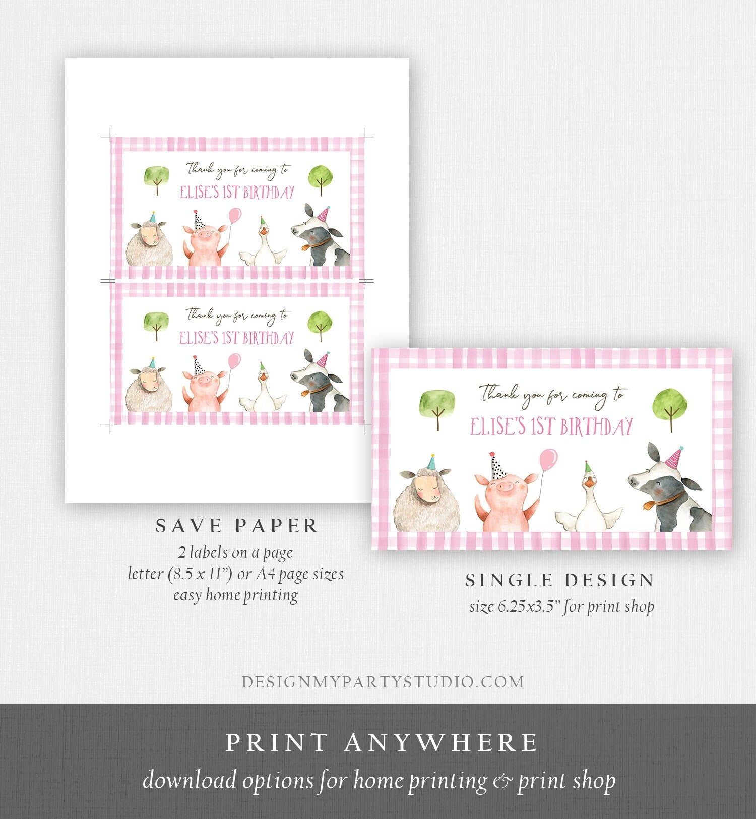 Farm Animals Gable Gift Box Label Pink Farm Birthday Girl Treat Box Label Pink Barnyard Party Farm Digital Download Printable Corjl 0155