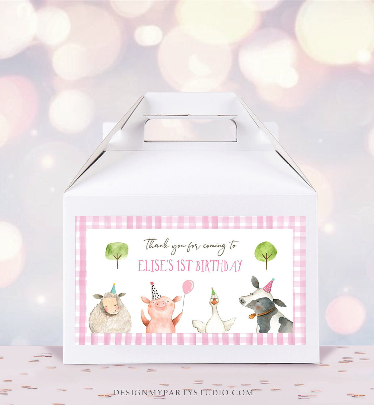 Farm Animals Gable Gift Box Label Pink Farm Birthday Girl Treat Box Label Pink Barnyard Party Farm Digital Download Printable Corjl 0155