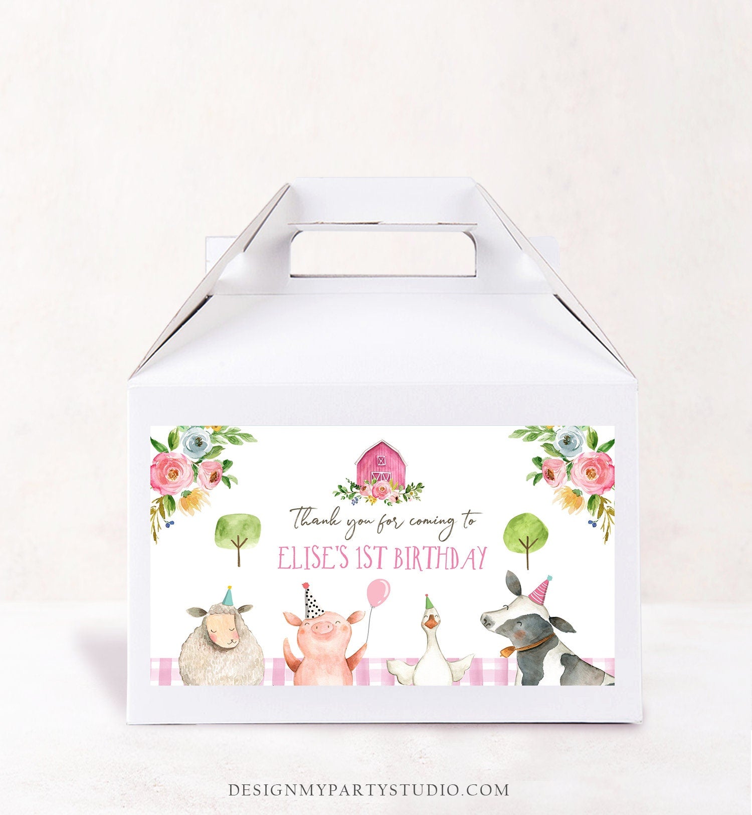 Farm Animals Gable Gift Box Label Pink Farm Birthday Girl Treat Box Label Floral Barnyard Party Digital Download Template Printable 0155