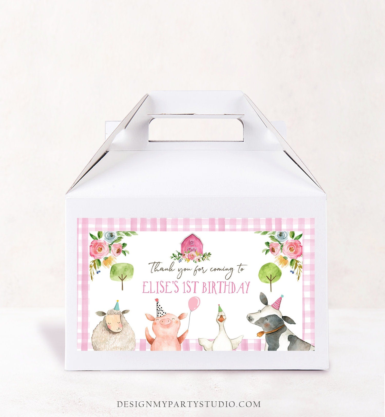 Editable Farm Animals Gable Gift Box Label Pink Farm Birthday Girl Treat Box Label Gingham Barnyard Party Animals Digital Printable 0155