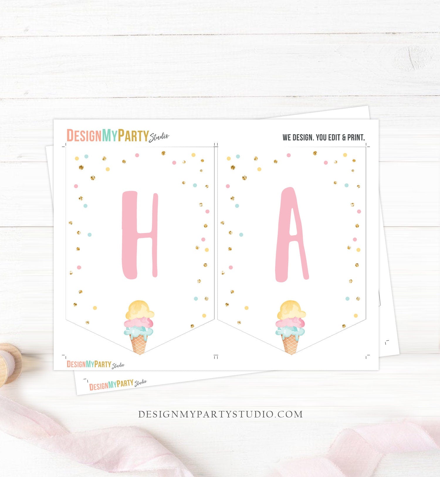 Happy Birthday Banner Pink Ice Cream Birthday Banner Ice Cream Party Girl Birthday Decorations Instant download PRINTABLE DIGITAL DIY 0243