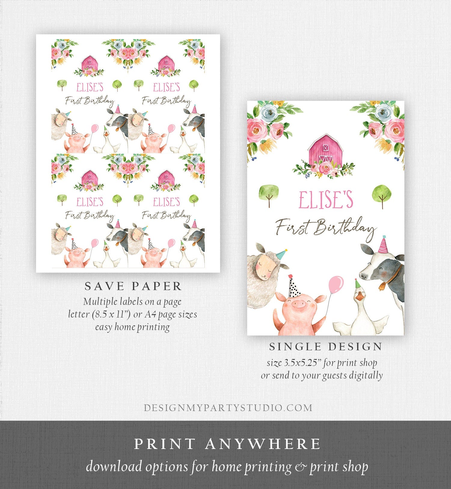 Editable Farm Birthday Juice Pouch Labels Farm Animals Birthday Barnyard Party Girl Pink Farm Download Digital Template Printable 0155