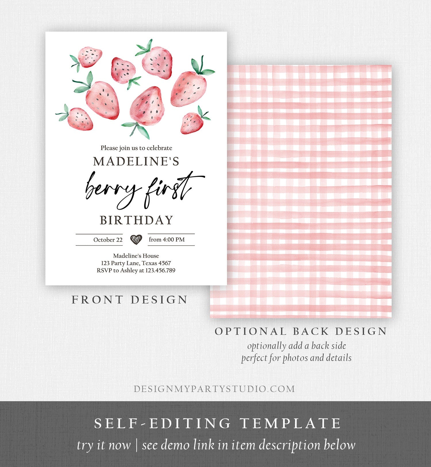 Editable Strawberry Birthday Invitation First Birthday Berry Sweet Girl Cute Strawberries 1st Download Printable Template Corjl Digital 0399