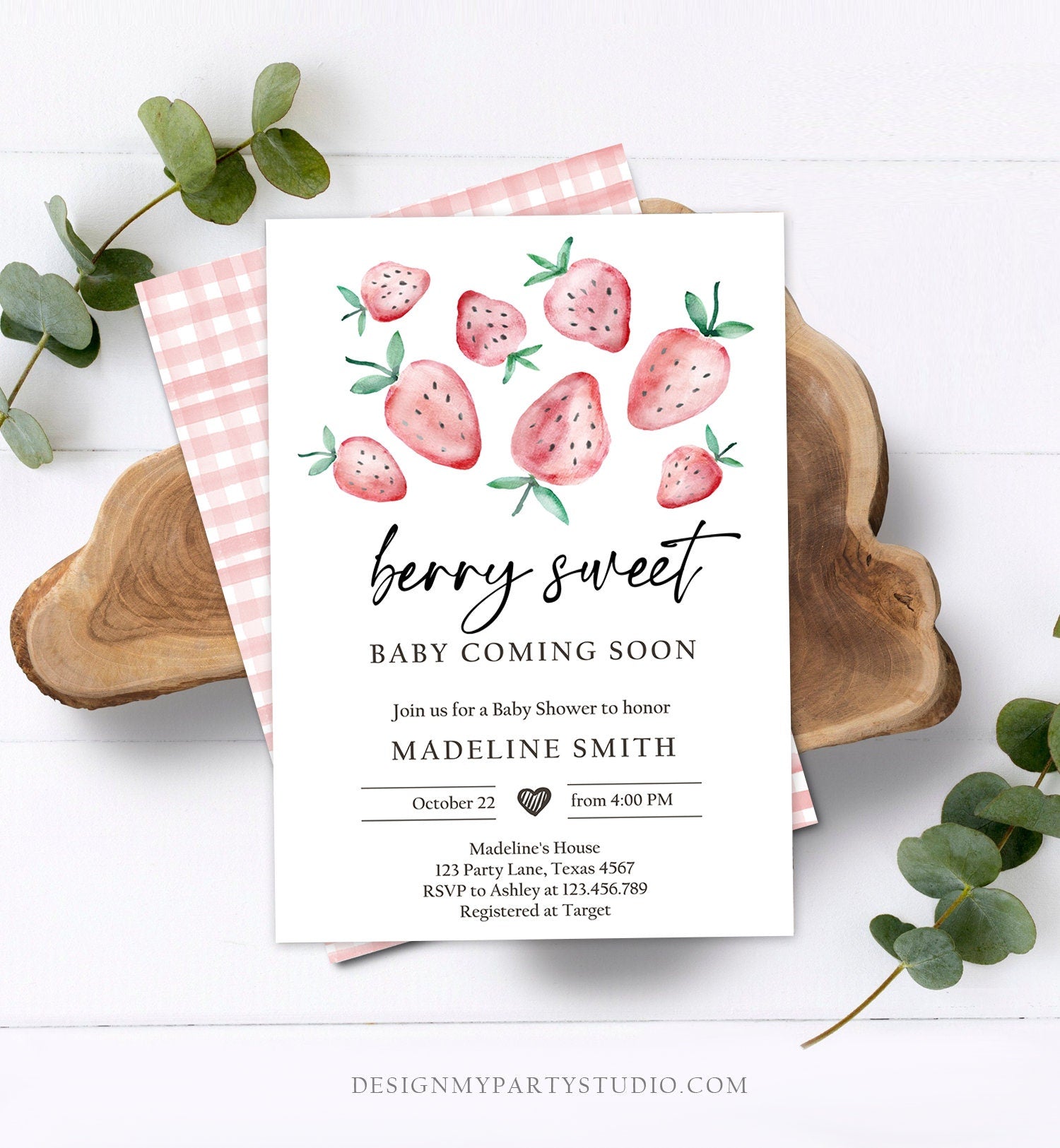 Editable Strawberry Baby Shower Invitation Cute Berry Sweet Baby Girl Strawberries Summer Digital Download Evite Template Printable 0399