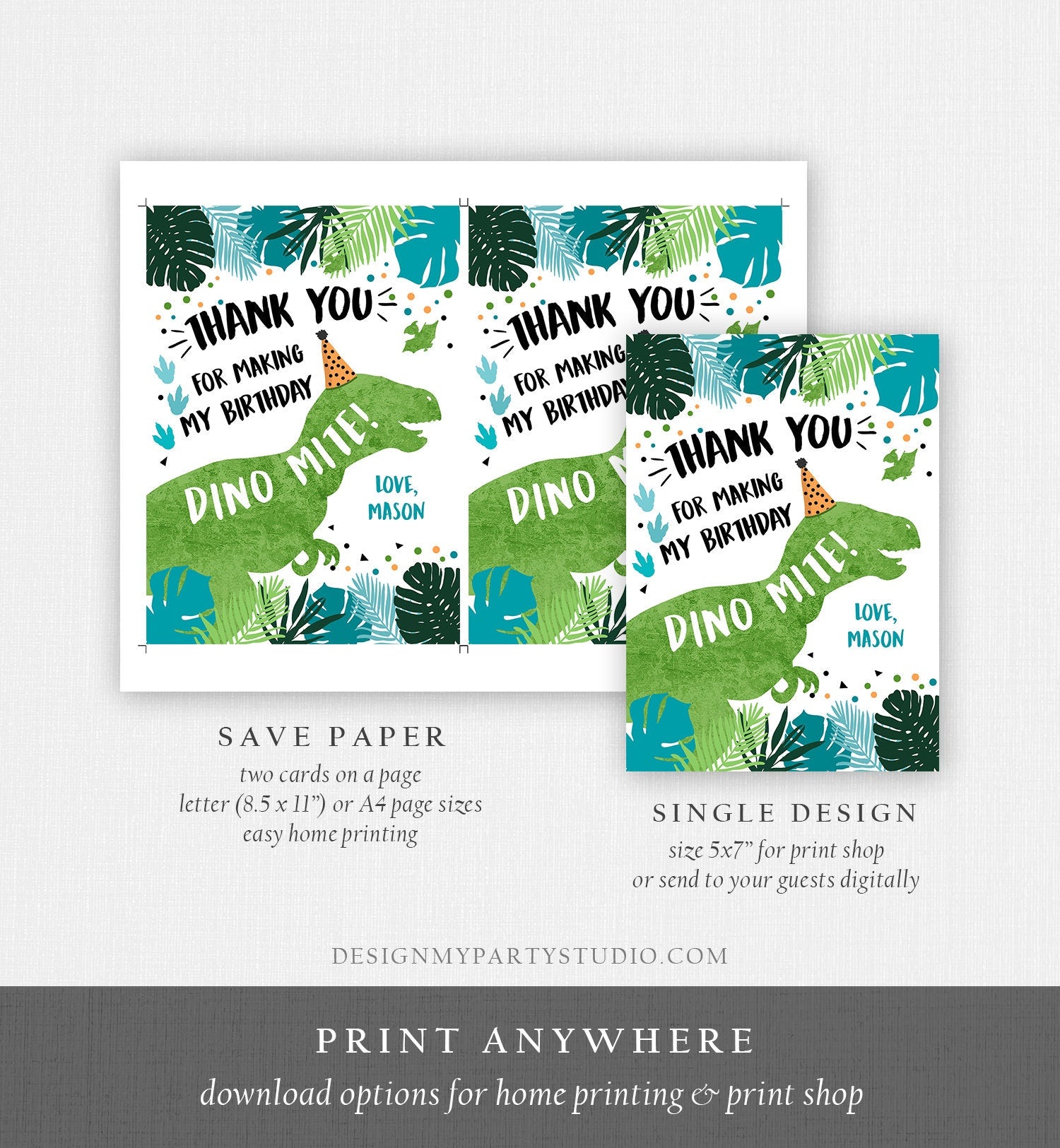 Editable Dinosaur Birthday Thank You Card Boy Green Gold Dino Party T-Rex Three-rex Prehistoric Printable Digital Download Template 0389