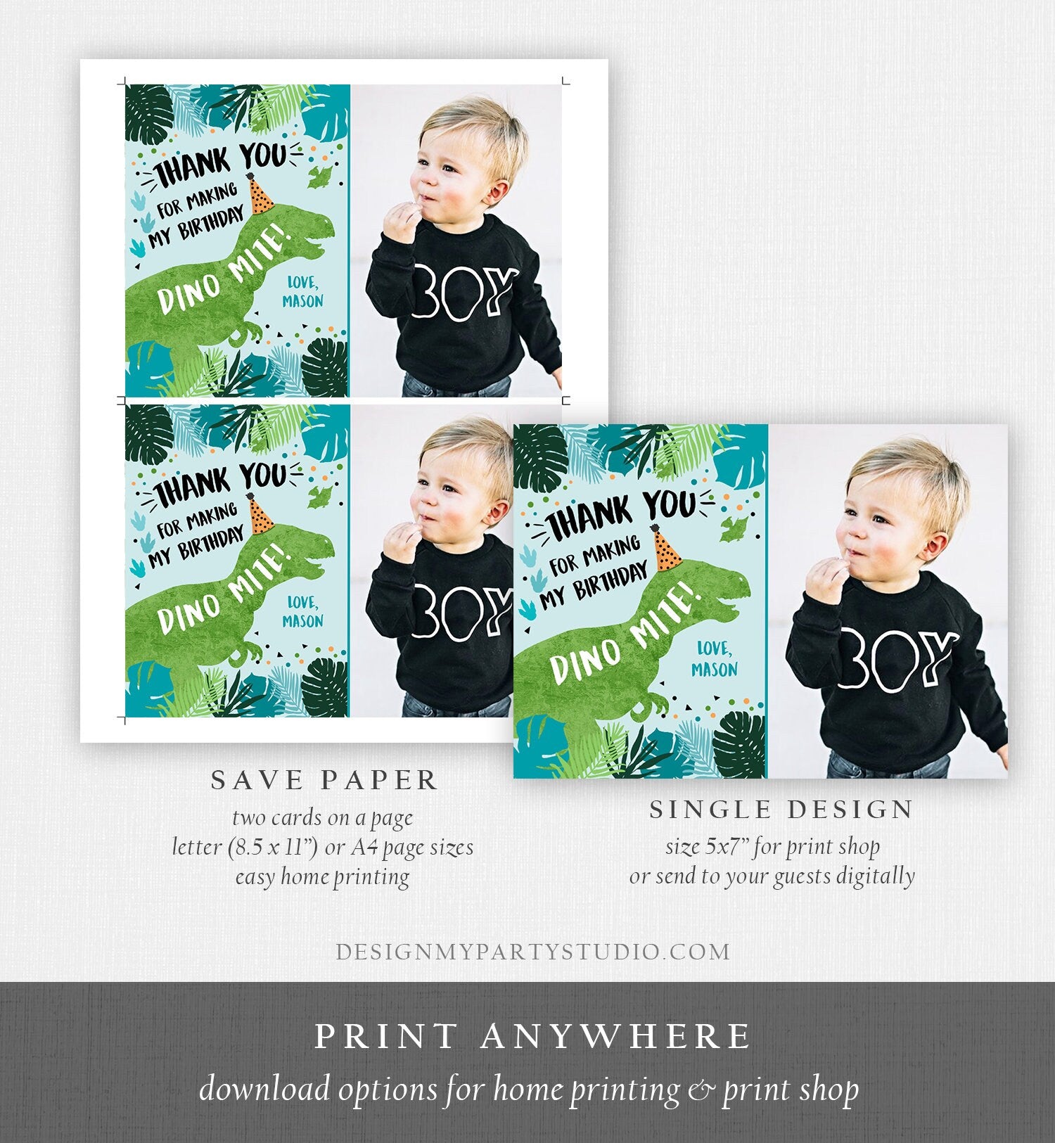 Editable Dinosaur Thank You Card Birthday Boy Black Green Gold Dino Party T-Rex Photo Download Printable Corjl Template Digital 0389