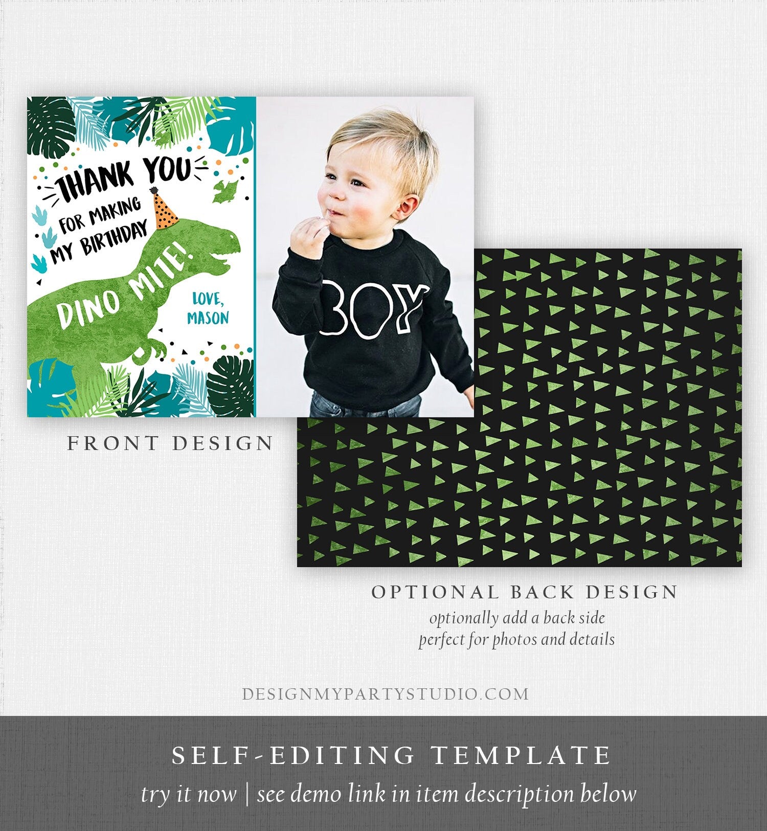 Editable Dinosaur Thank You Card Birthday Boy Black Green Gold Dino Party T-Rex Photo Download Printable Corjl Template Digital 0389