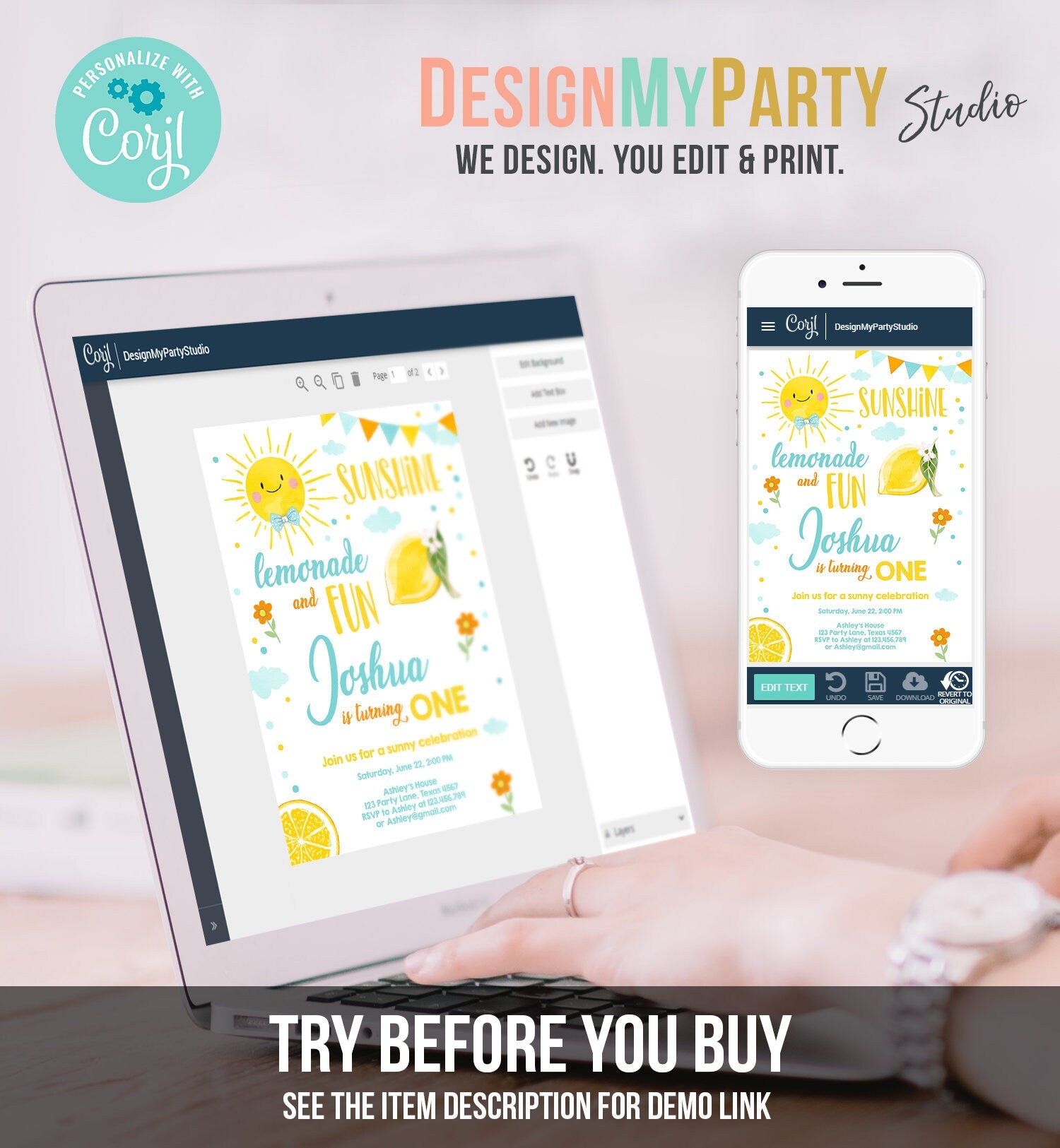 Editable Sunshine Lemonade Birthday Invitation Boy Blue Orange Sunshine Party Lemonade First 1st Digital Evite Template Printable 0141