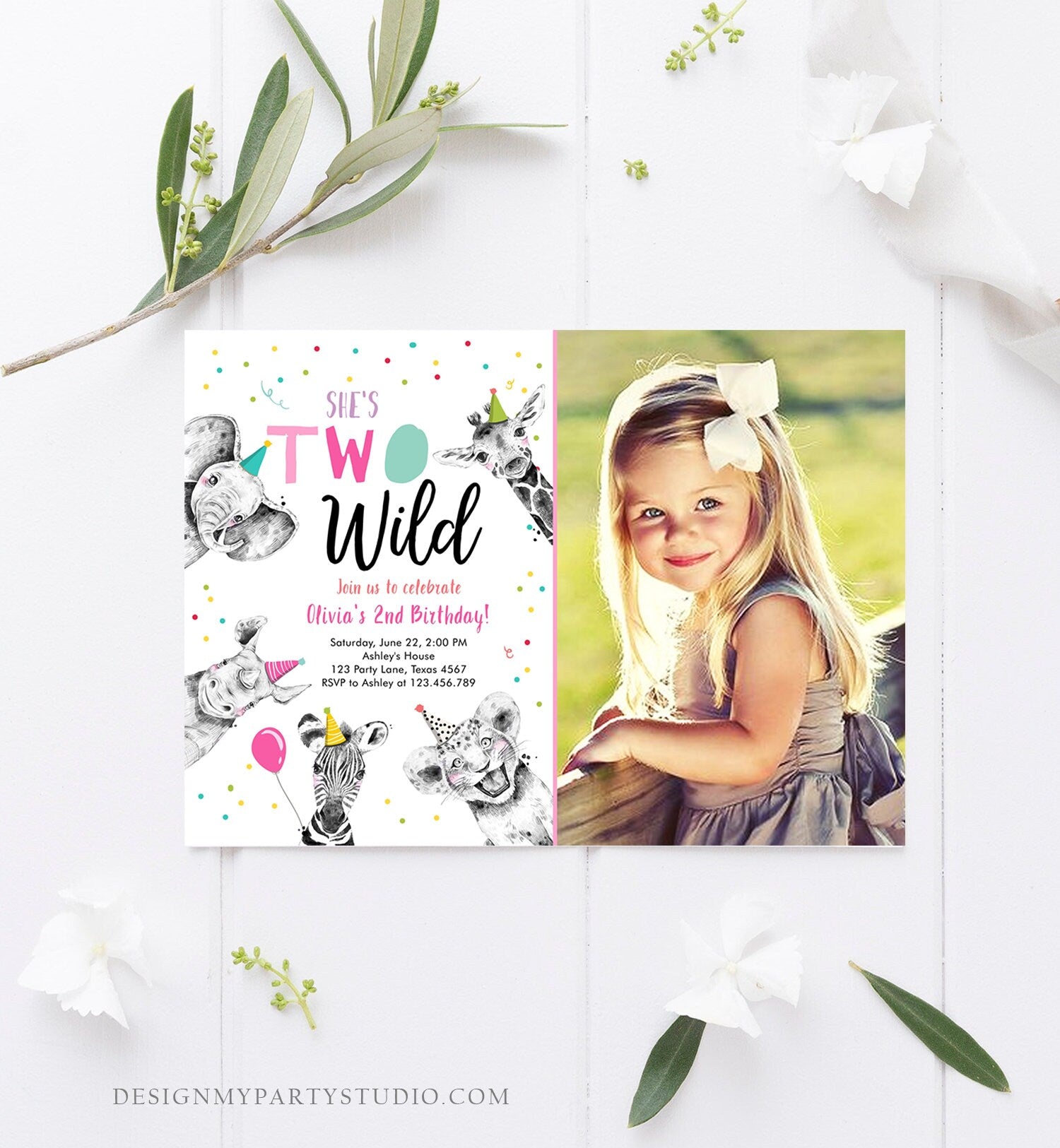 Editable Two Wild Birthday Invitation Safari Animals Party Animals Girl Pink Gold Second Birthday 2nd Confetti Corjl Template Printable 0390