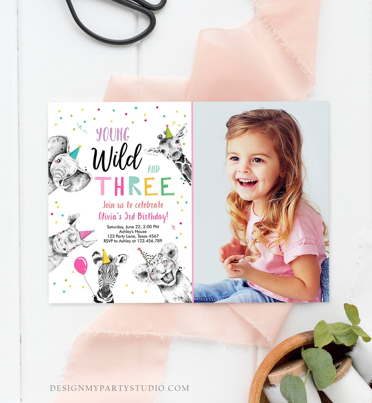 Editable Young Wild and Three Birthday Invitation Girl Pink and Gold Safari Animals Instant Download Printable Template Digital Corjl 0390