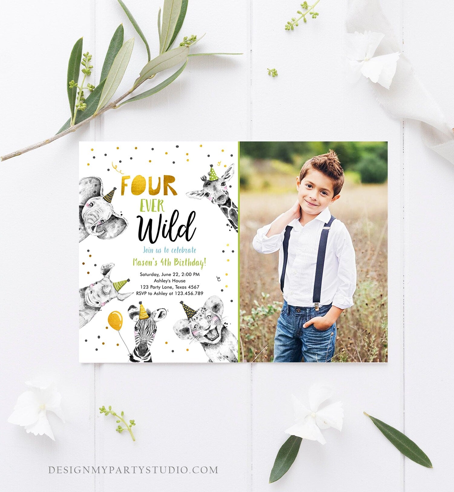 Editable Four Ever Wild Birthday Invitation Boy Green Gold Safari Party Animals Fourth Birthday 4th Printable Template Digital Corjl 0390