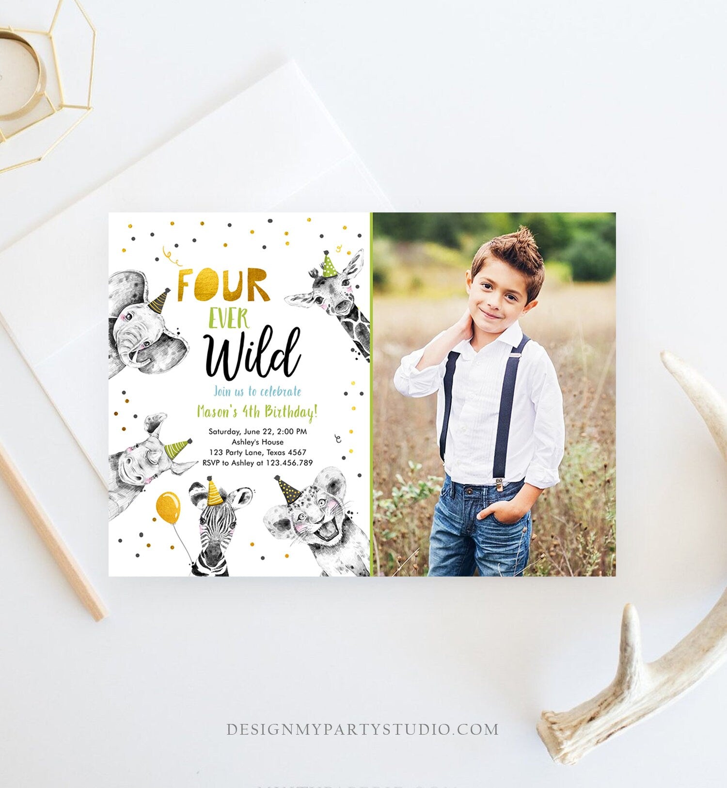 Editable Four Ever Wild Birthday Invitation Boy Green Gold Safari Party Animals Fourth Birthday 4th Printable Template Digital Corjl 0390