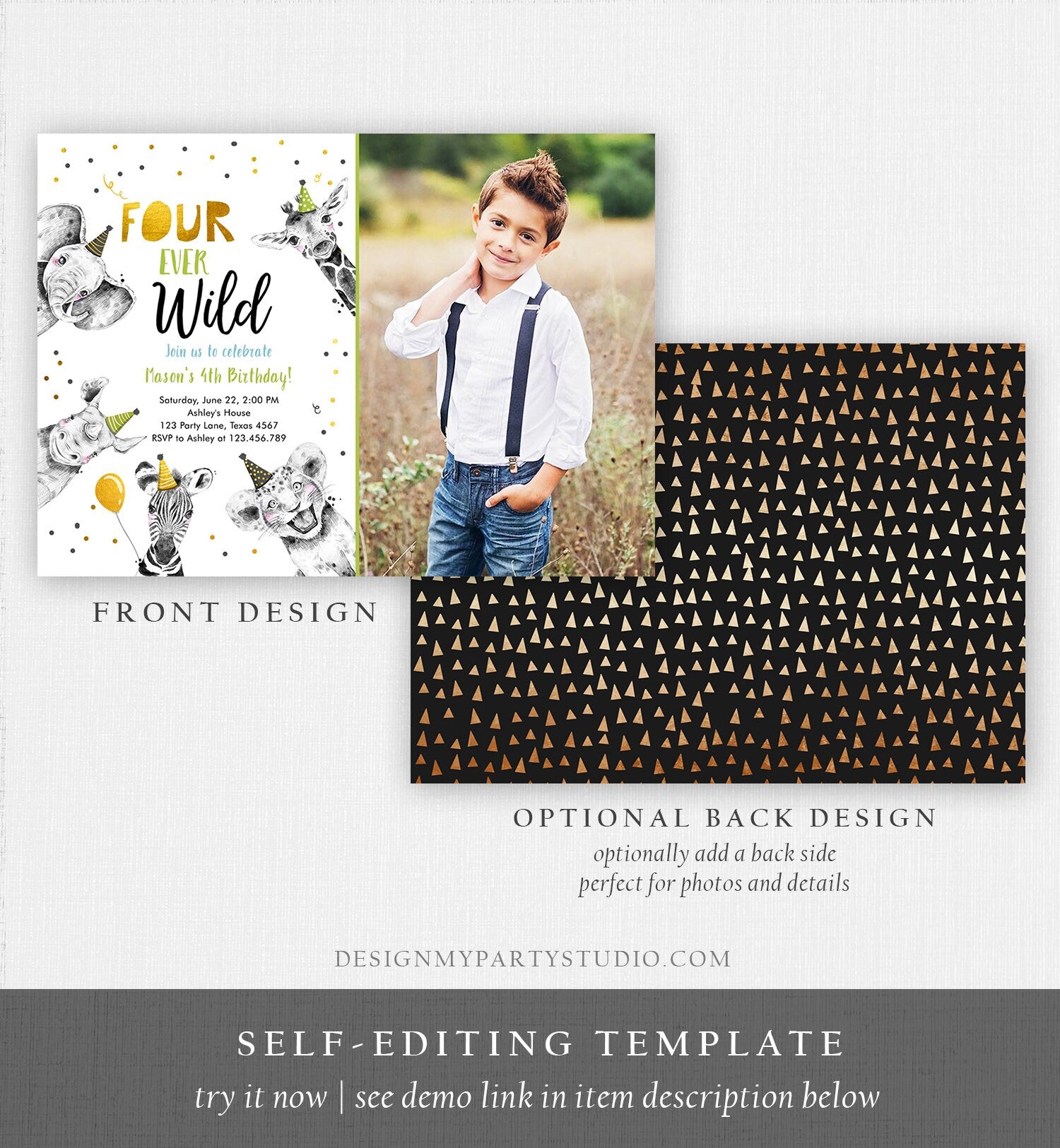 Editable Four Ever Wild Birthday Invitation Boy Green Gold Safari Party Animals Fourth Birthday 4th Printable Template Digital Corjl 0390