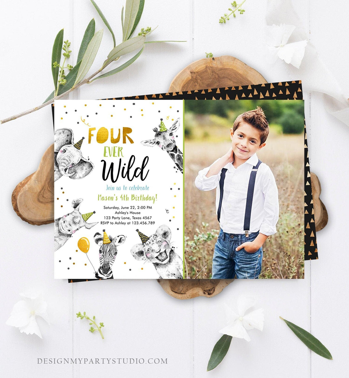 Editable Four Ever Wild Birthday Invitation Boy Green Gold Safari Party Animals Fourth Birthday 4th Printable Template Digital Corjl 0390