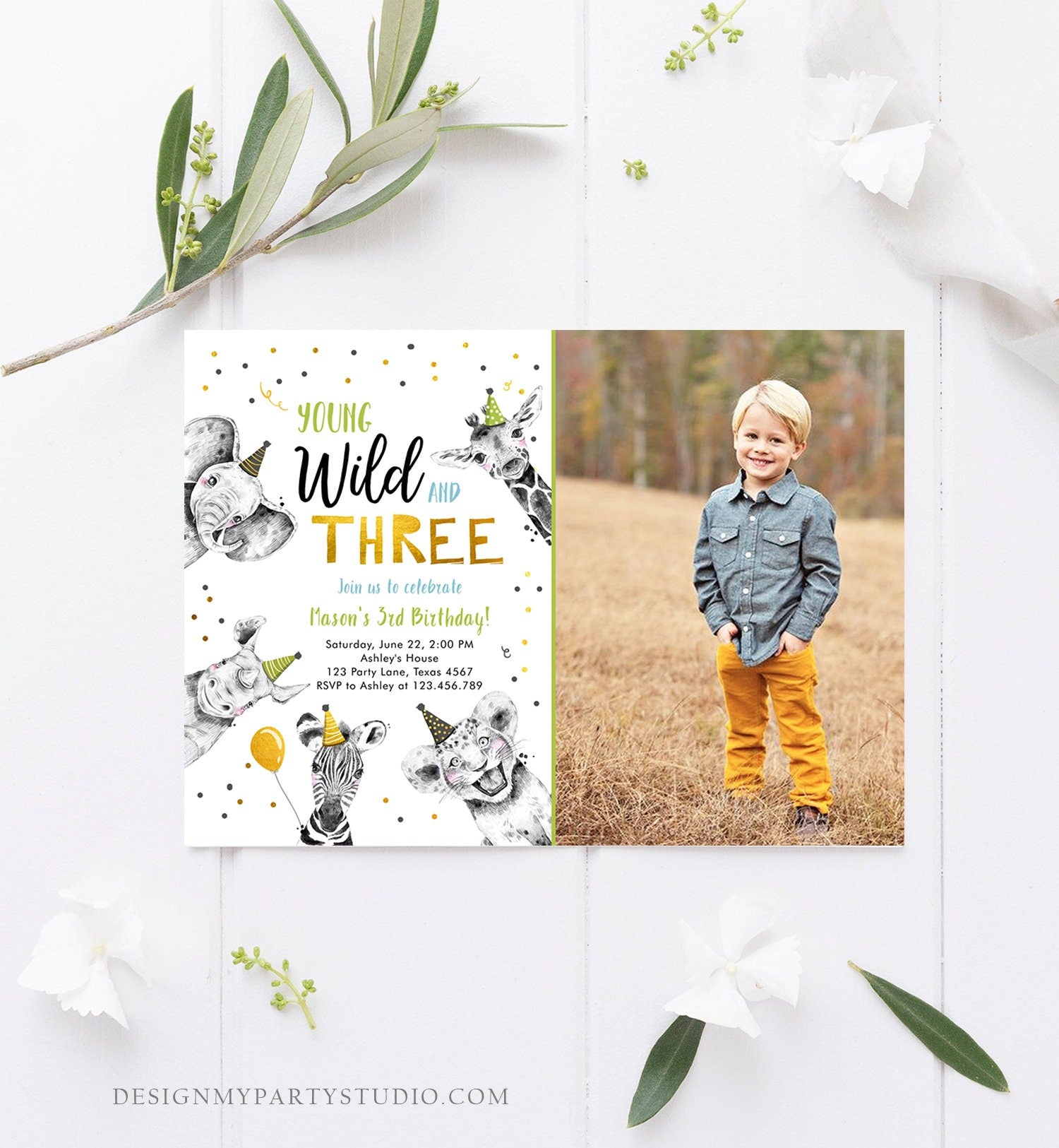 Editable Young Wild and Three Birthday Invitation Boy Green Gold Third 3rd Safari Animals Download Printable Template Digital Corjl 0390