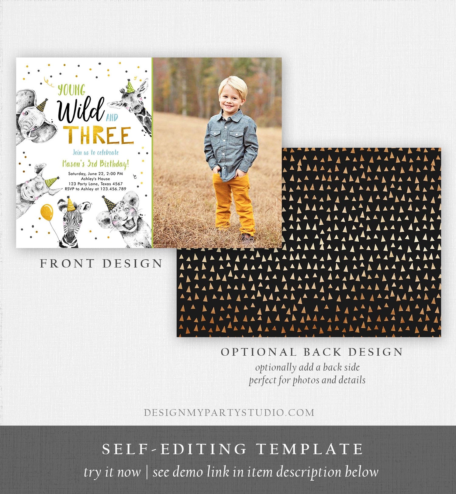 Editable Young Wild and Three Birthday Invitation Boy Green Gold Third 3rd Safari Animals Download Printable Template Digital Corjl 0390